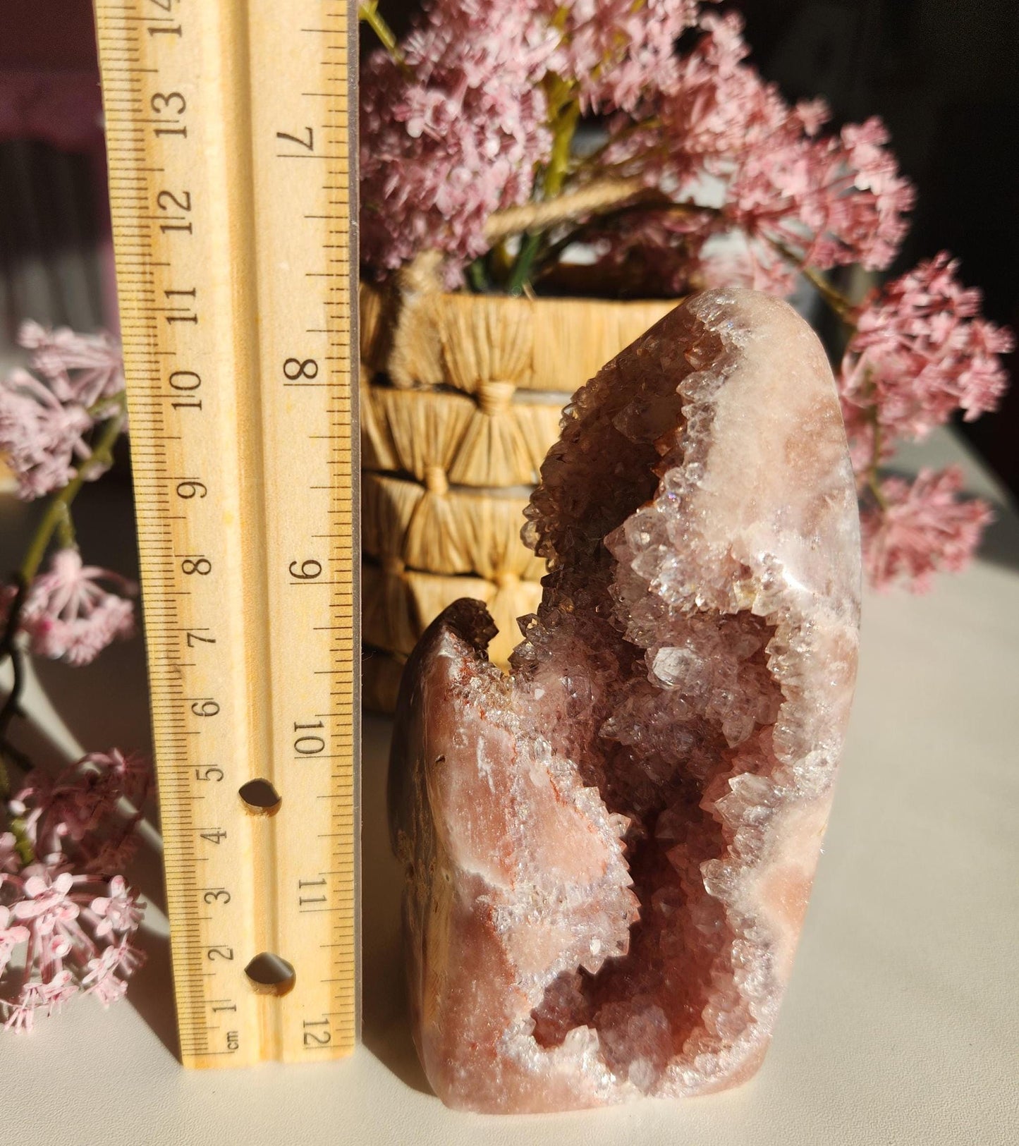 High quality large pink amethyst freefrom with sparkly druzy from Brazil