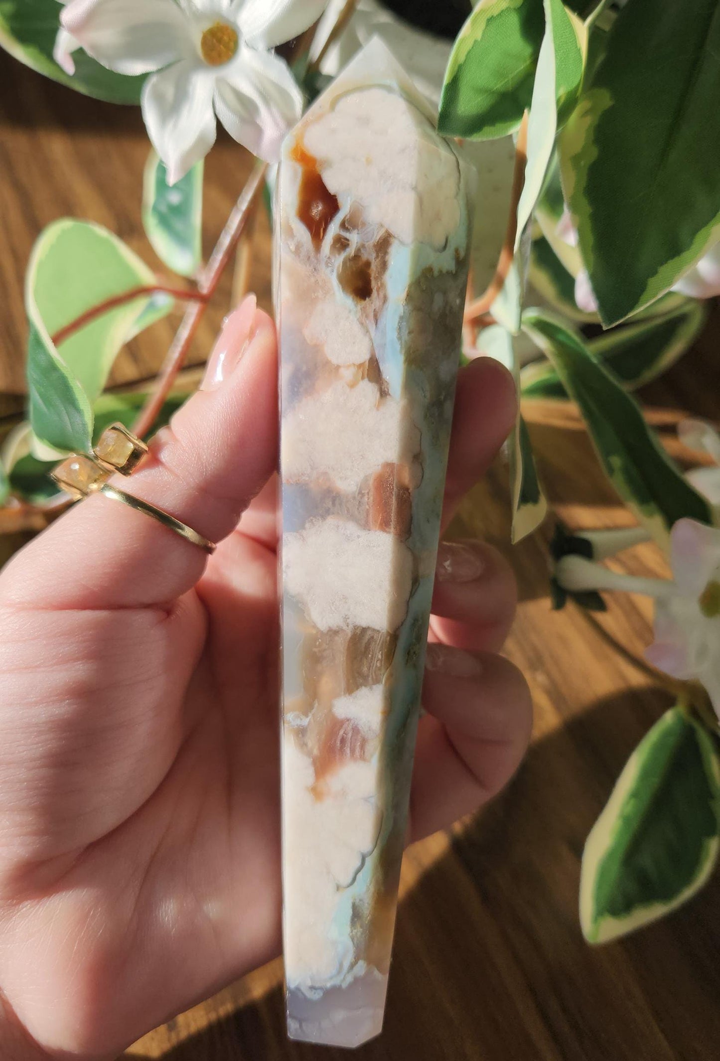 Beautiful green flower agate wand with stand