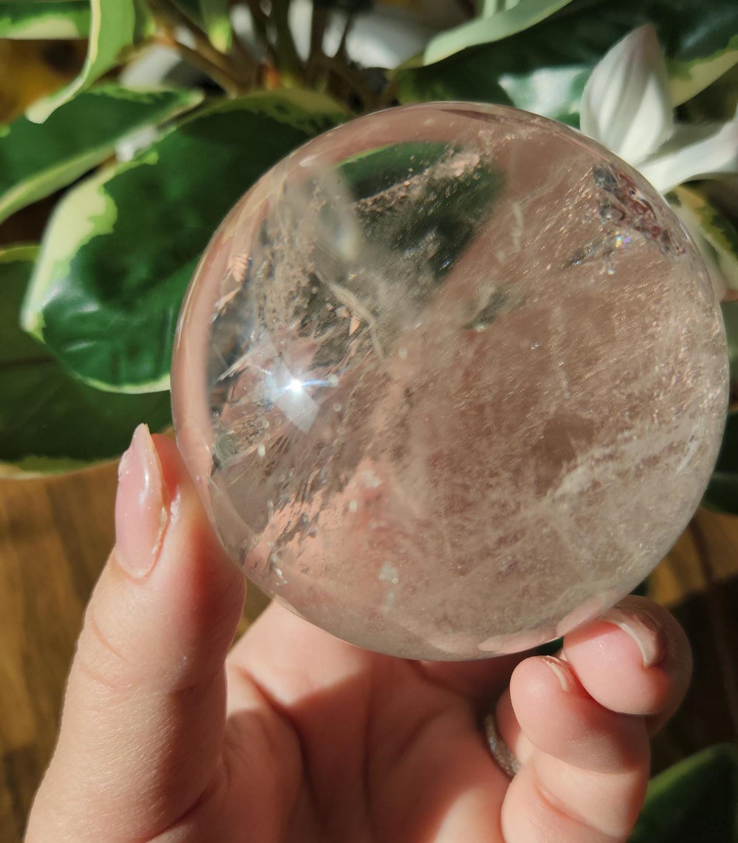 Amazing lemurian clear quartz sphere with rainbows and inclusions, from the Tocantins mine in Brazil, authentic lemurian 125L. 64-65mm