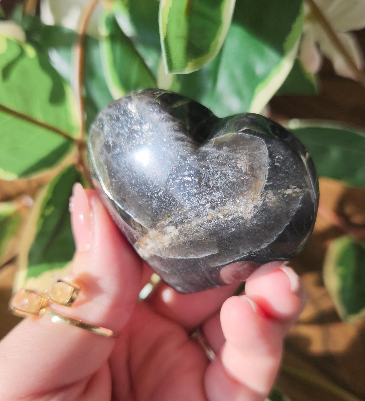 Beautiful black moonstone heart with a nice flash