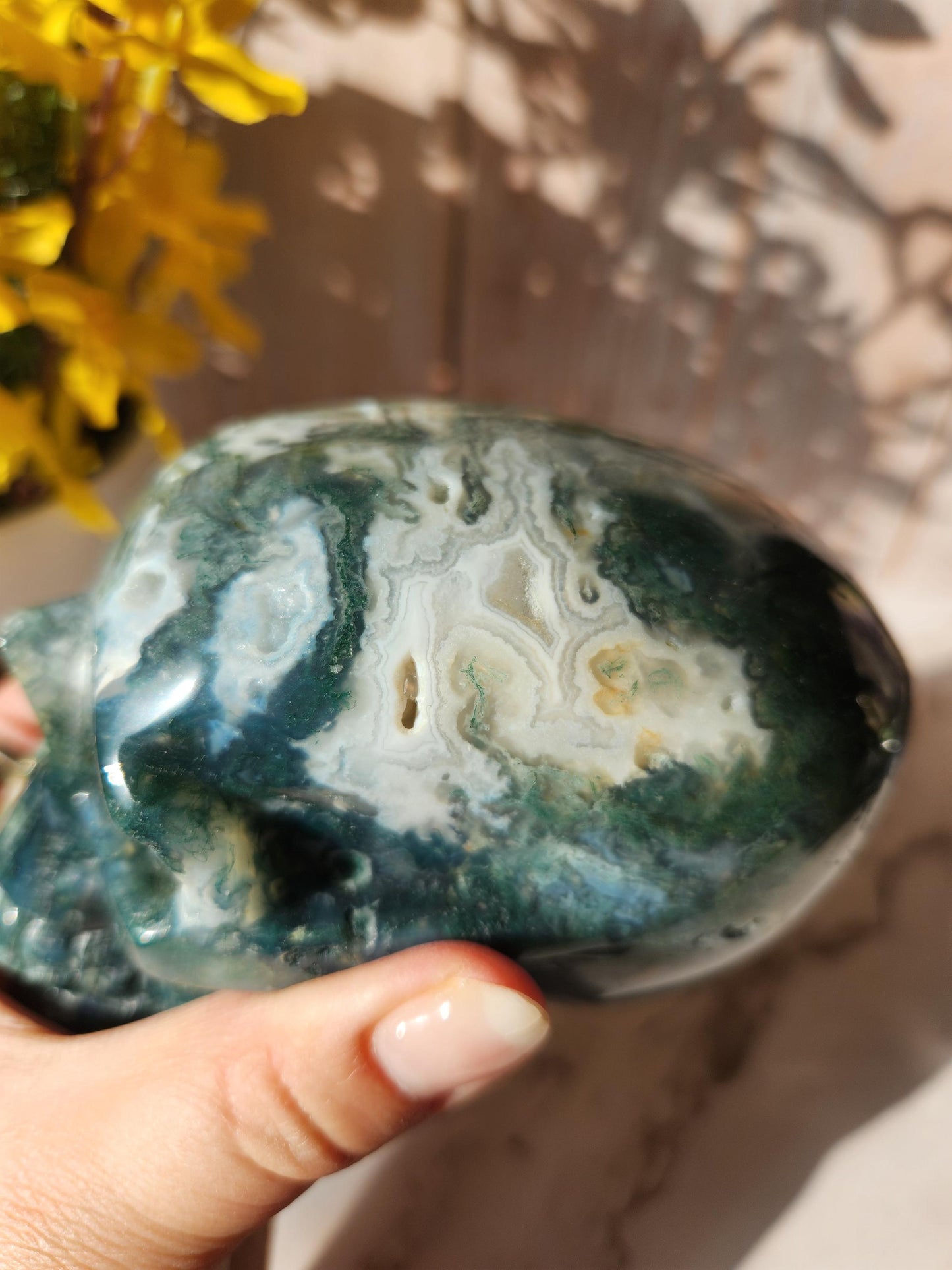 Stunning large moss agate skull carving with druzy, hand carved, high quality