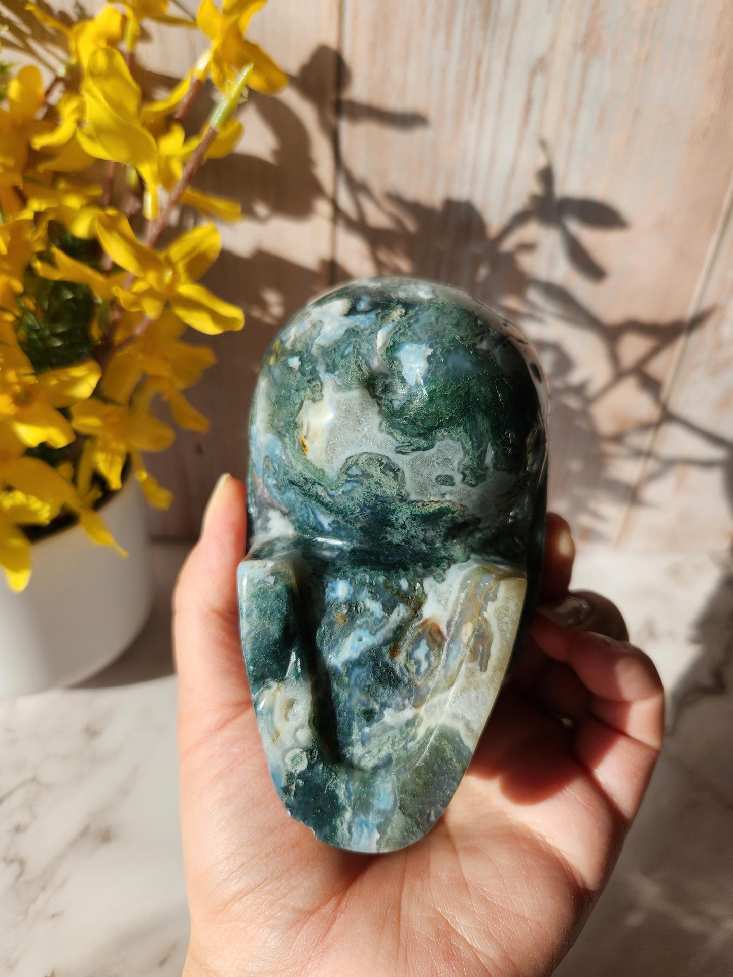 Stunning large moss agate skull carving with druzy, hand carved, high quality
