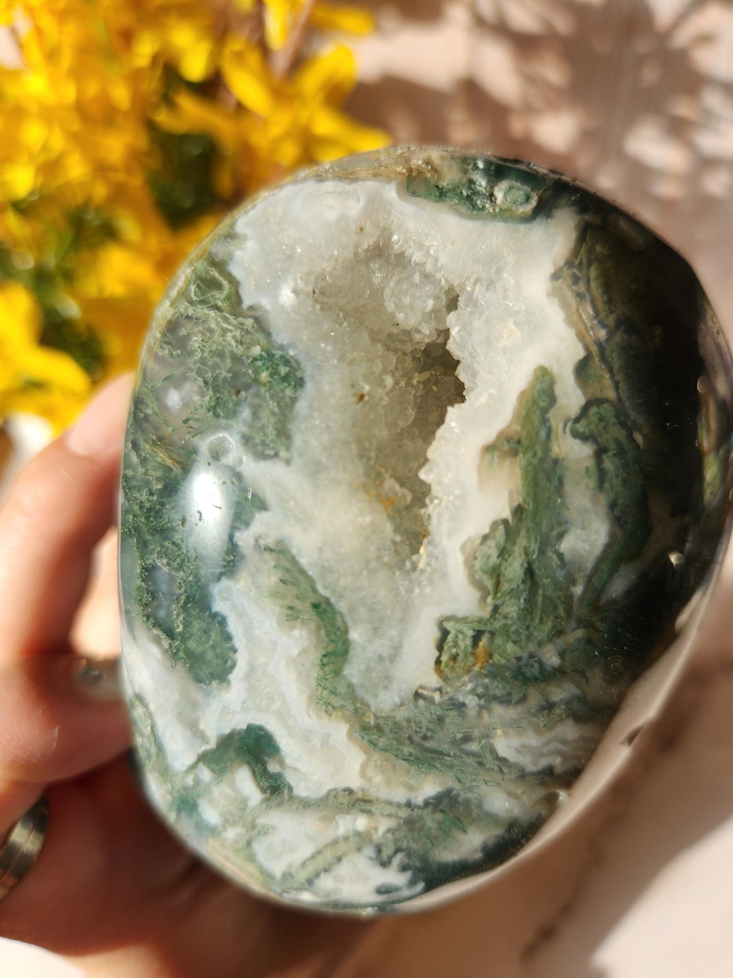Stunning large moss agate skull carving with druzy, hand carved, high quality