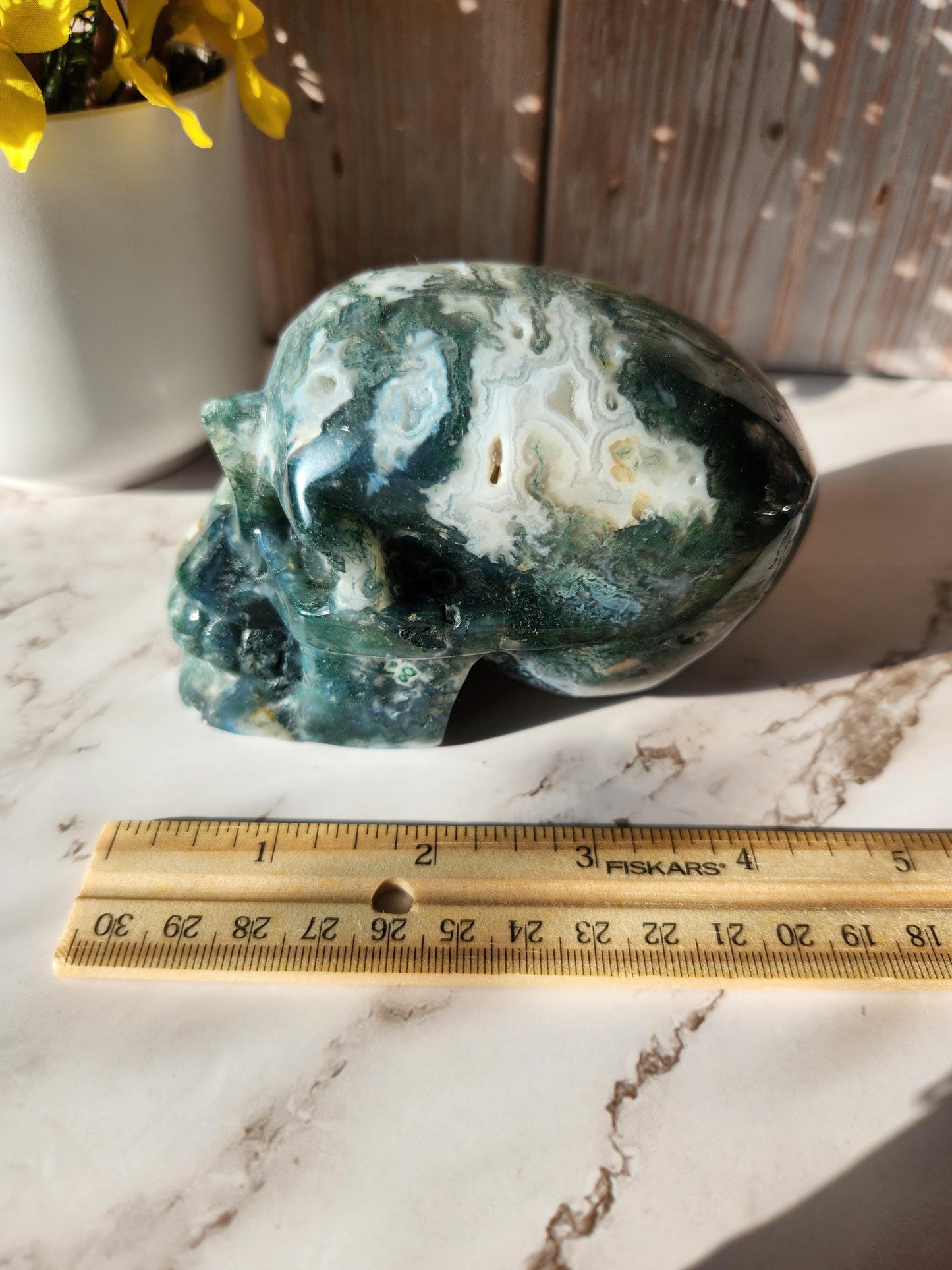 Stunning large moss agate skull carving with druzy, hand carved, high quality