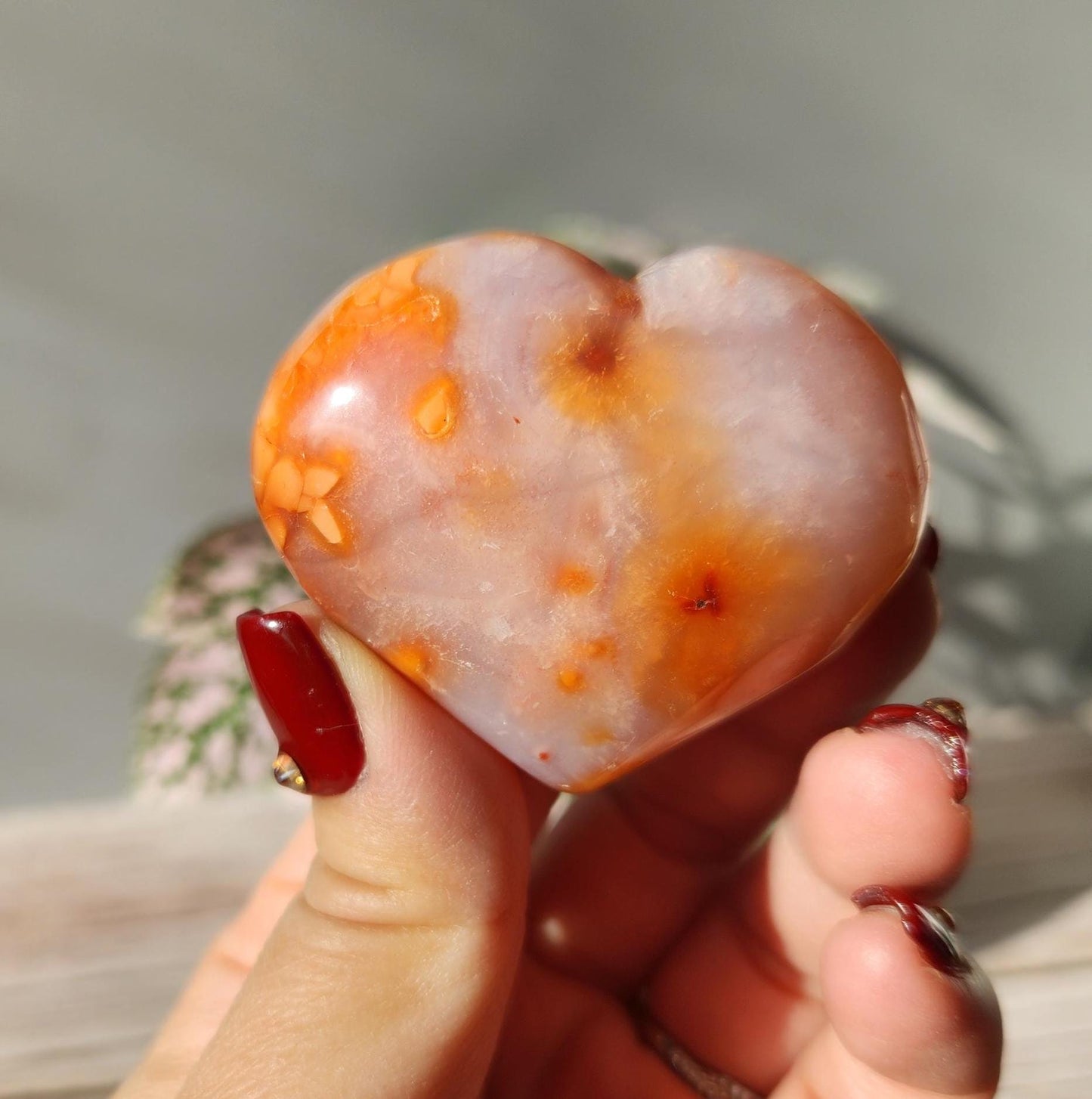 Beautiful carnelian heart carving from Madagascar with pretty patterns, natural