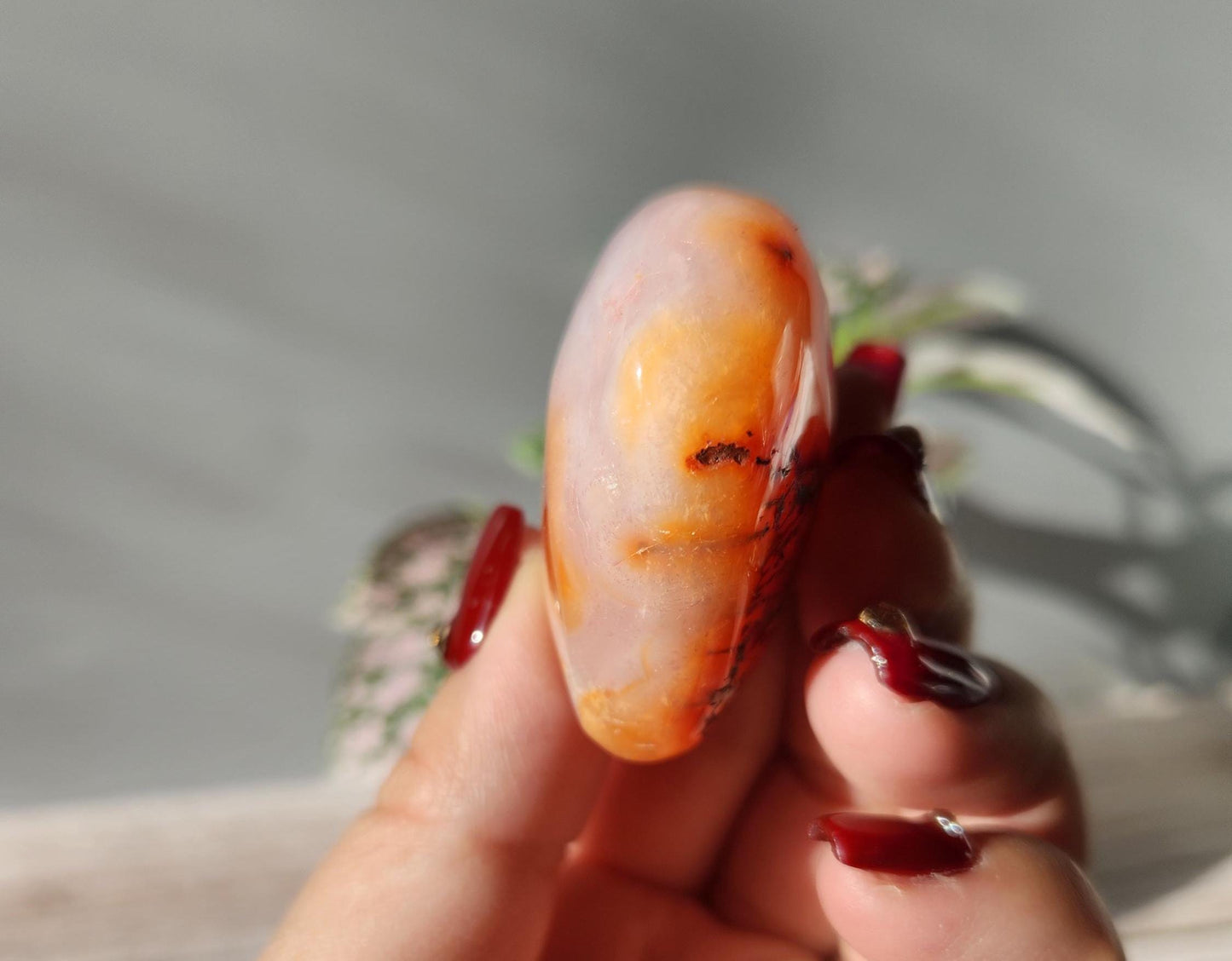 Beautiful carnelian heart carving from Madagascar with pretty patterns, natural