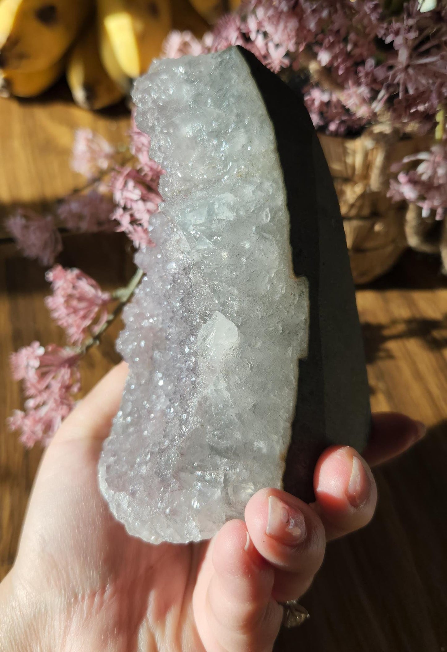 Pretty light lavender amethyst, double crystallization, sugar shine, raw cutbase, natural, from Brazil