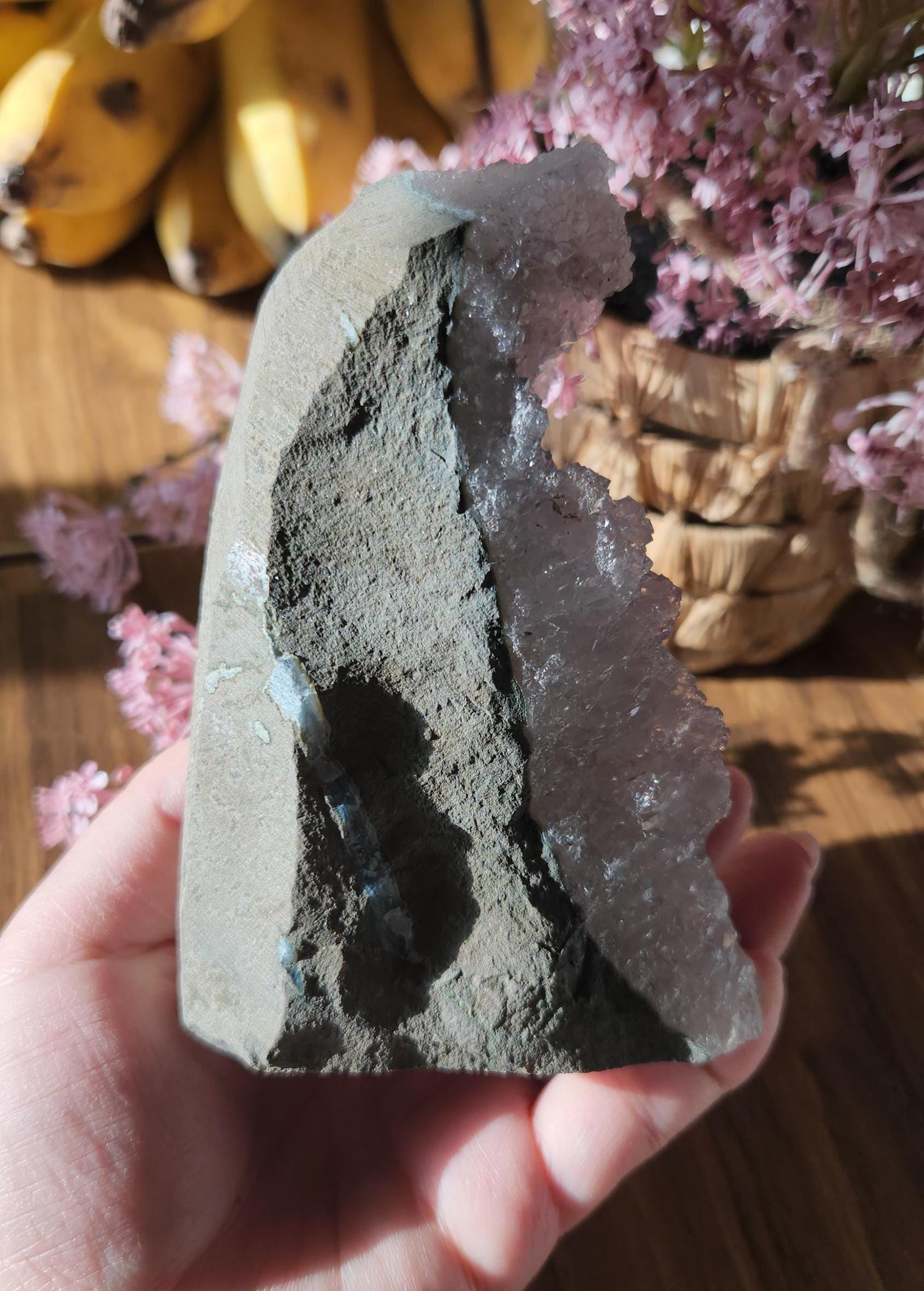 Pretty light lavender amethyst, double crystallization, sugar shine, raw cutbase, natural, from Brazil