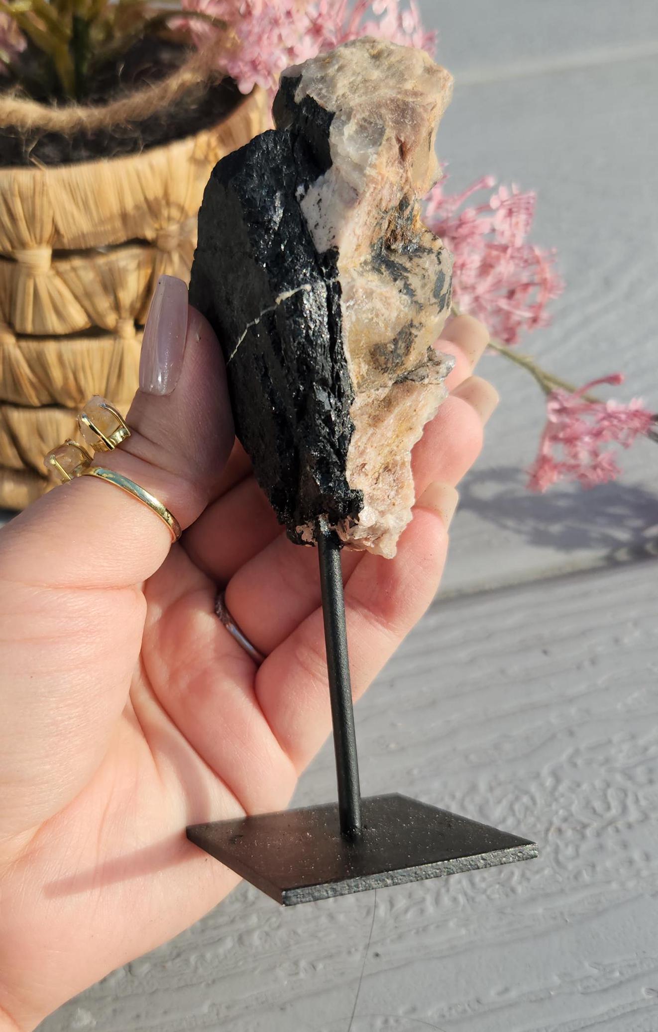 Amazing raw black tourmaline with cleavelandite and bits of quartz on stand, protection and grounding