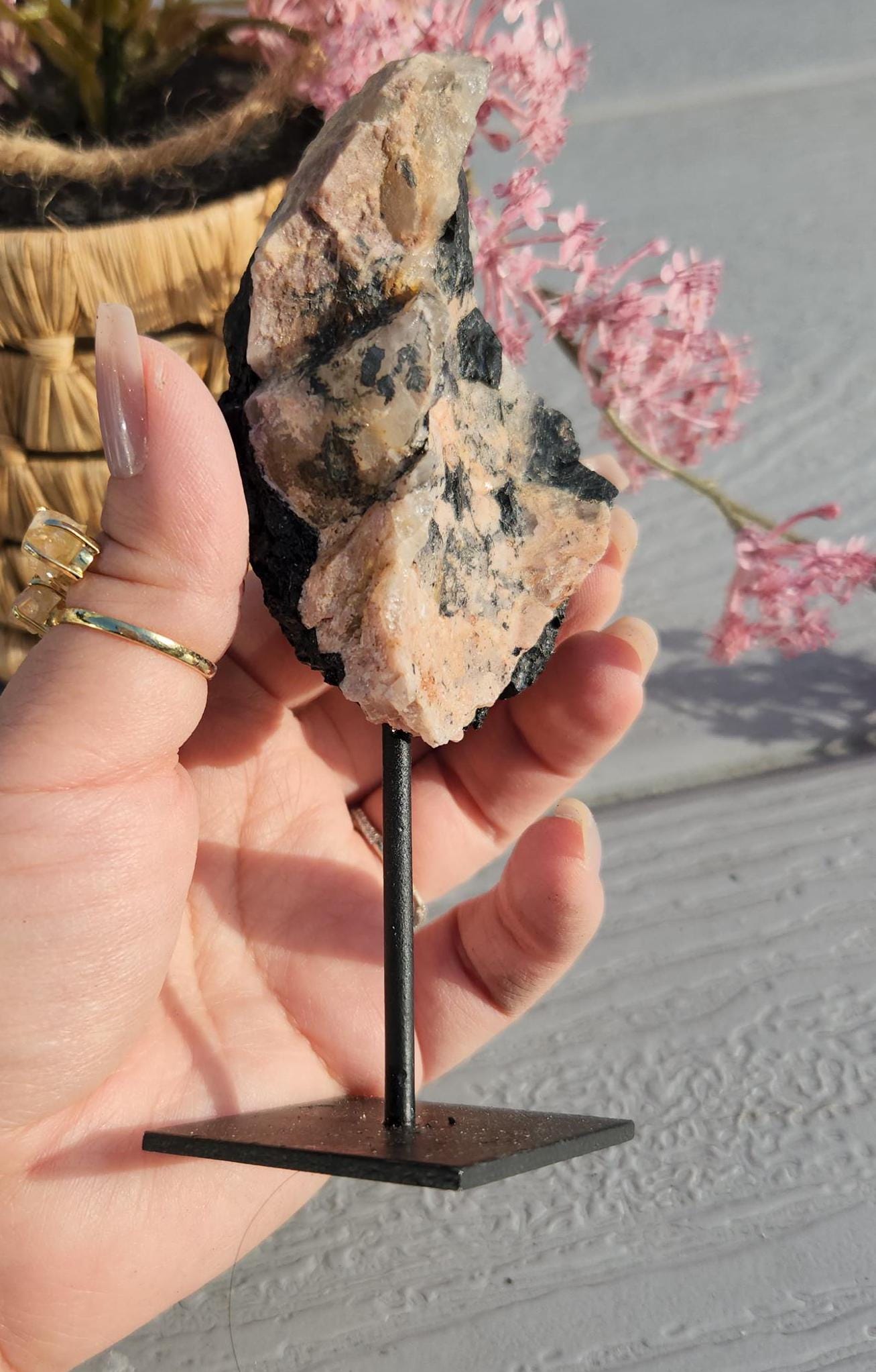 Amazing raw black tourmaline with cleavelandite and bits of quartz on stand, protection and grounding
