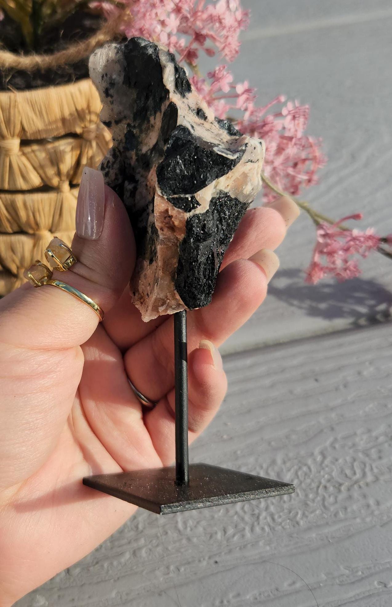 Amazing raw black tourmaline with cleavelandite and bits of quartz on stand, protection and grounding