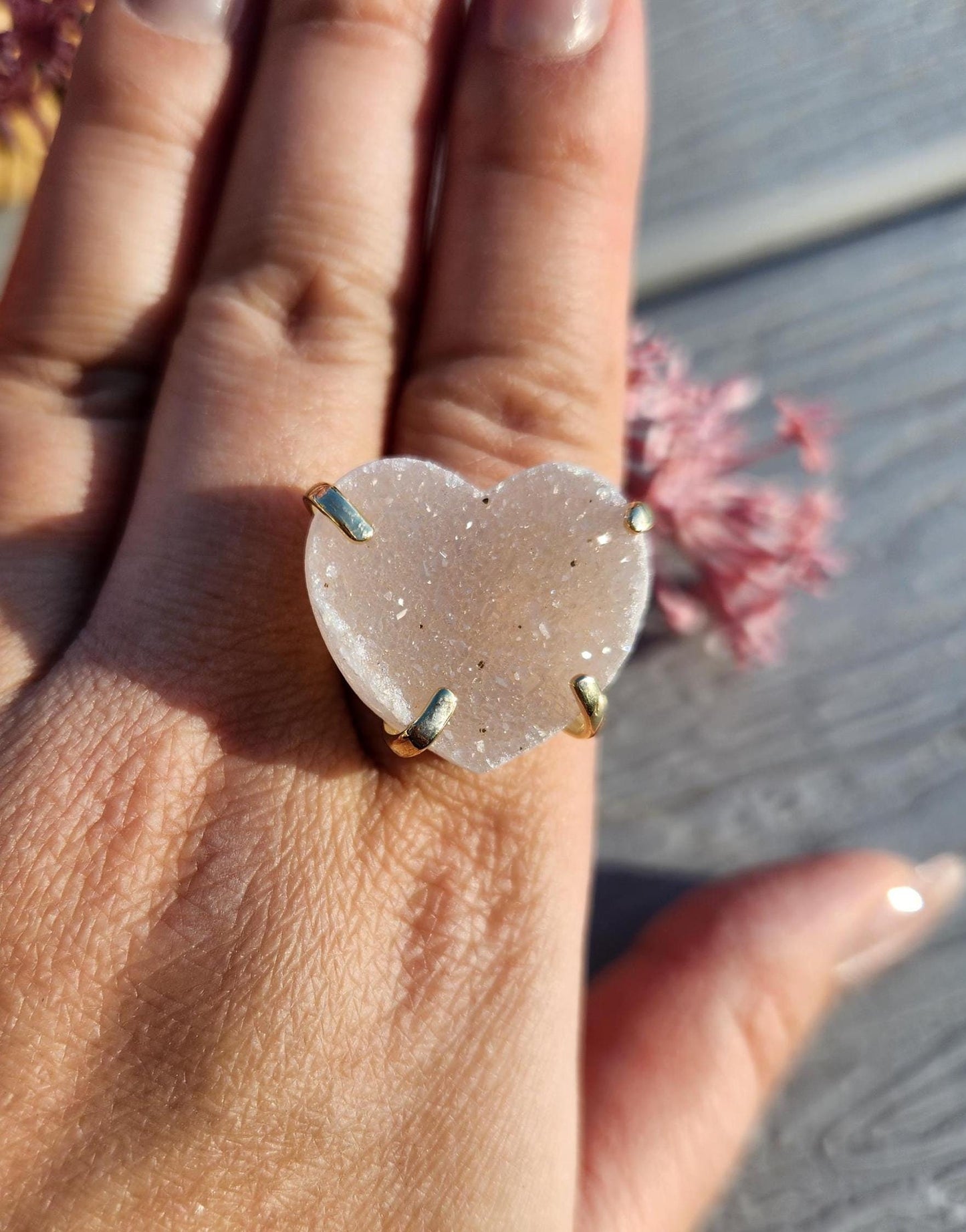 Beautiful champagne amethyst ring on silver, sparkly rainbow amethyst, adjustable ring