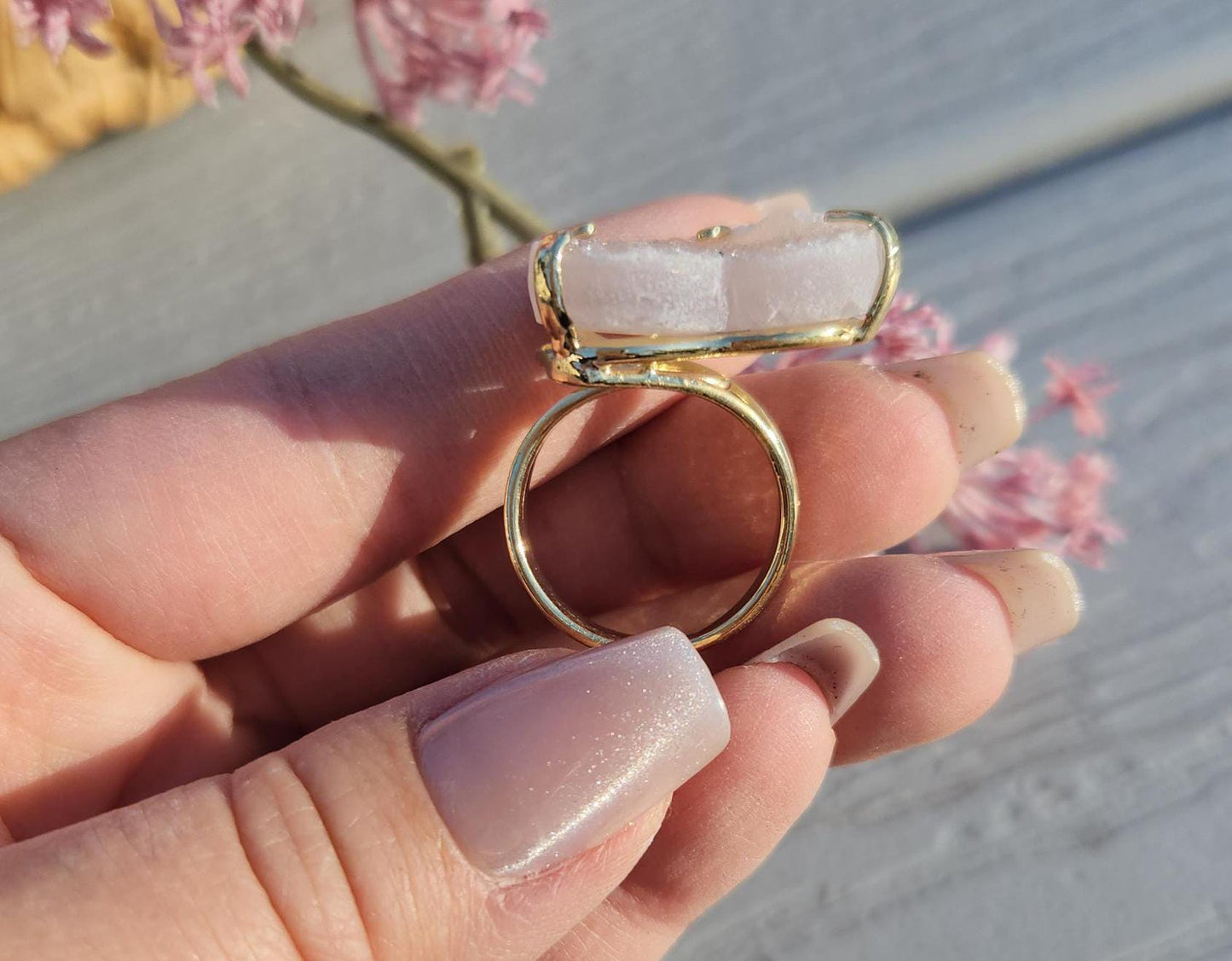 Beautiful champagne amethyst ring on silver, sparkly rainbow amethyst, adjustable ring