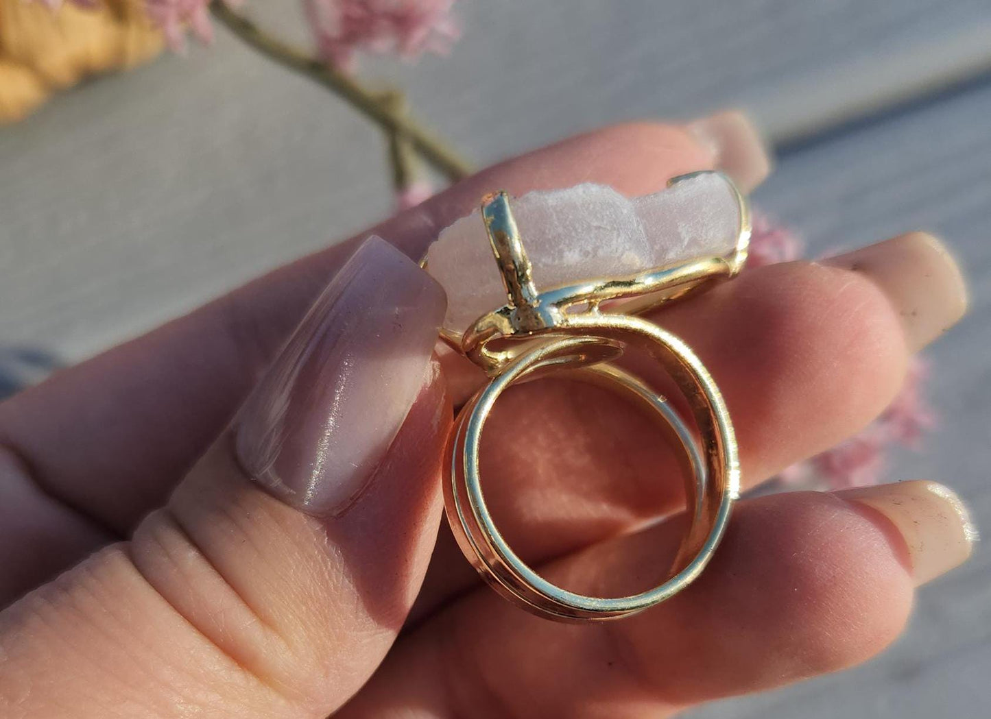 Beautiful champagne amethyst ring on silver, sparkly rainbow amethyst, adjustable ring