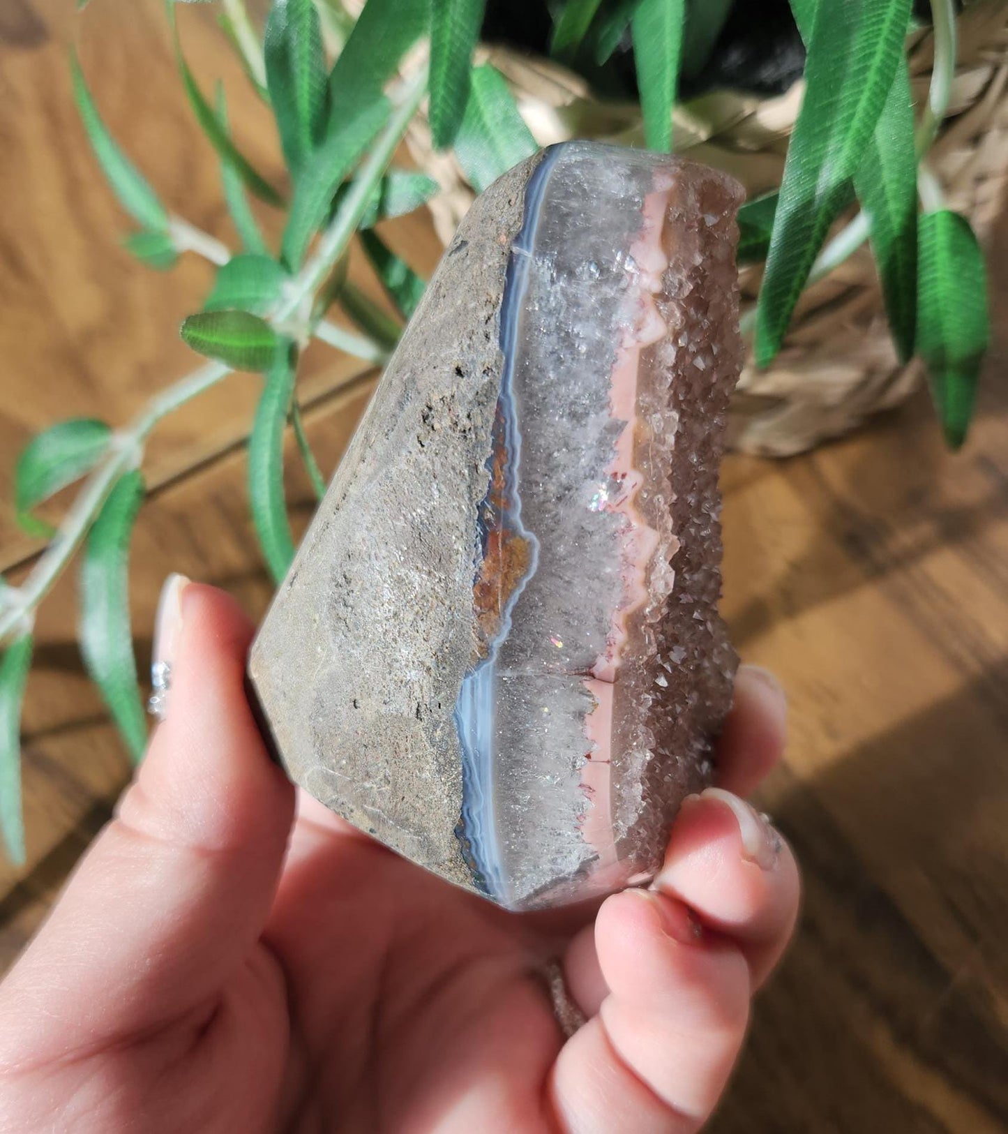 Peachy pink rainbow amethyst with quartz and a beautiful layer of blue agate, cut base, Uruguay amethyst, natural color