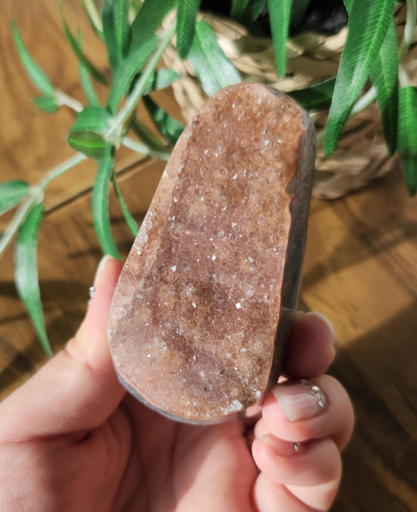 Peachy pink rainbow amethyst with quartz and a beautiful layer of blue agate, cut base, Uruguay amethyst, natural color