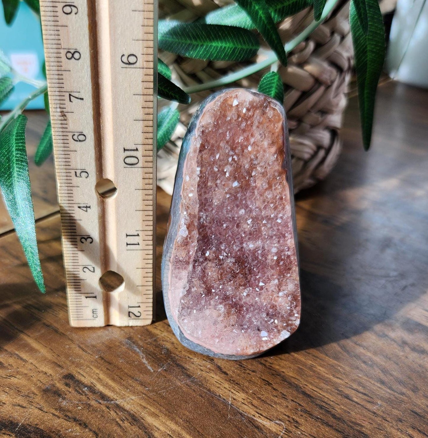 Peachy pink rainbow amethyst with quartz and a beautiful layer of blue agate, cut base, Uruguay amethyst, natural color