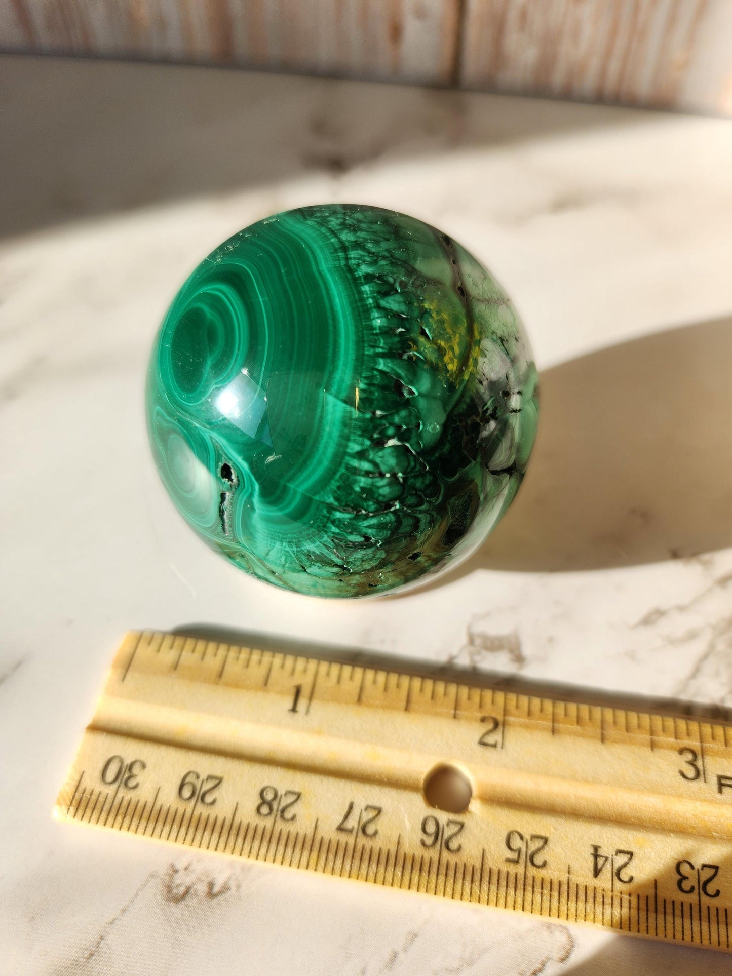 Beautiful natural malachite sphere with druzy and stunning orbs and flower patterns, no fillers 49mm