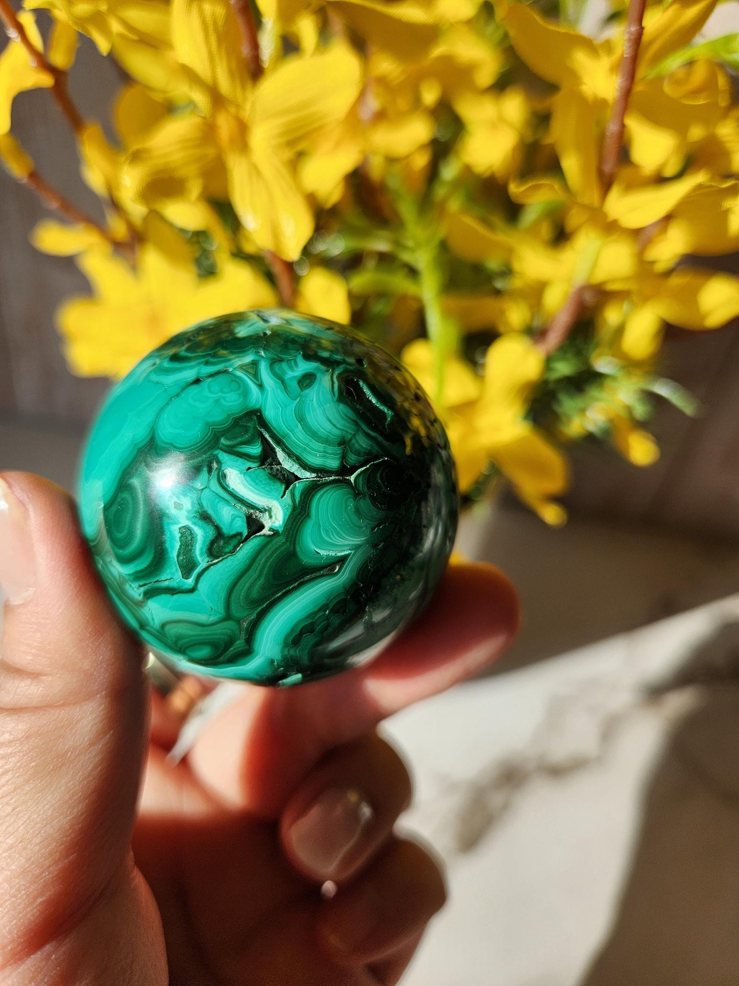 Beautiful natural malachite sphere with druzy and stunning orbs and flower patterns, no fillers 49mm