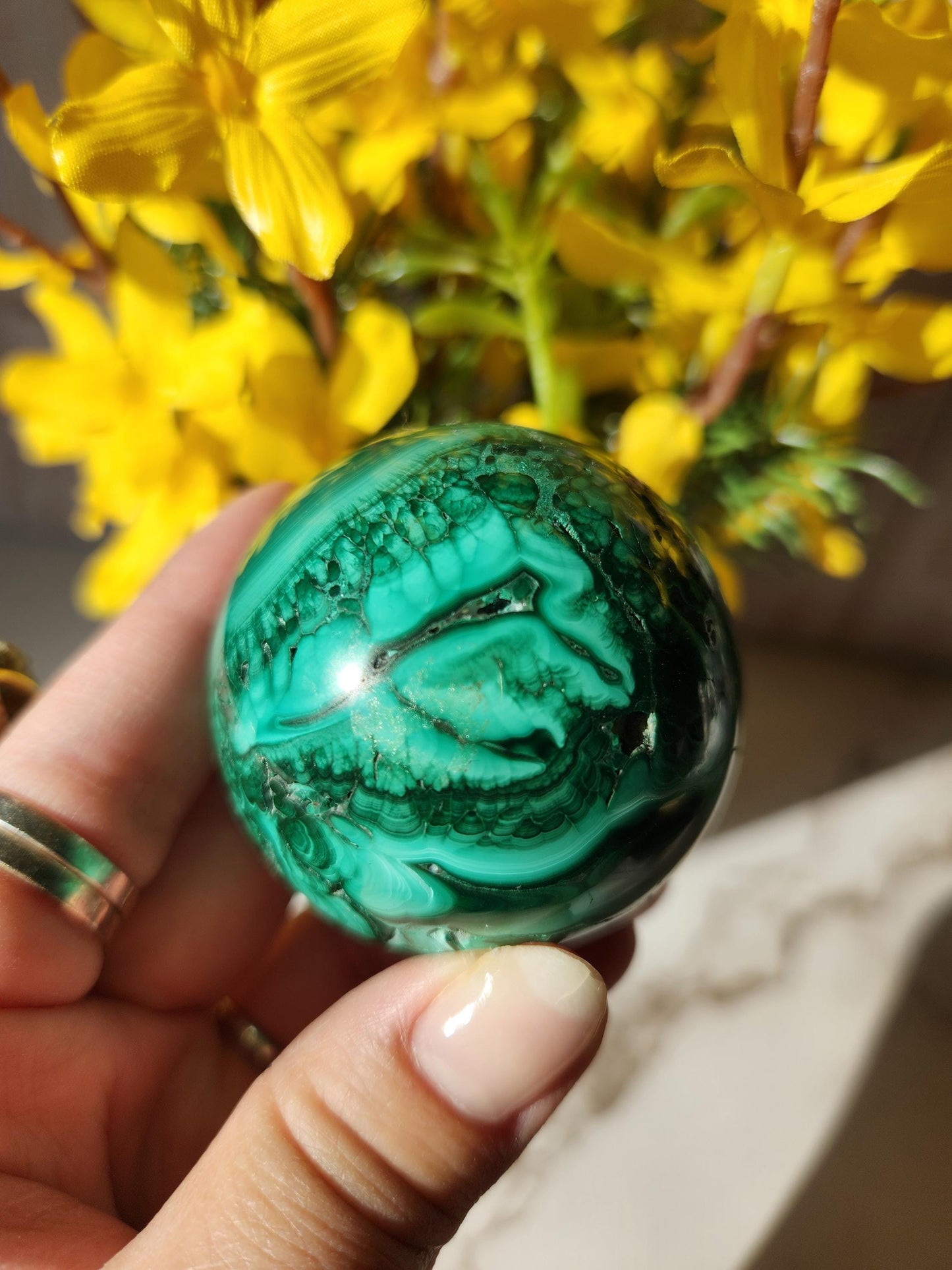 Beautiful natural malachite sphere with druzy and stunning orbs and flower patterns, no fillers 49mm