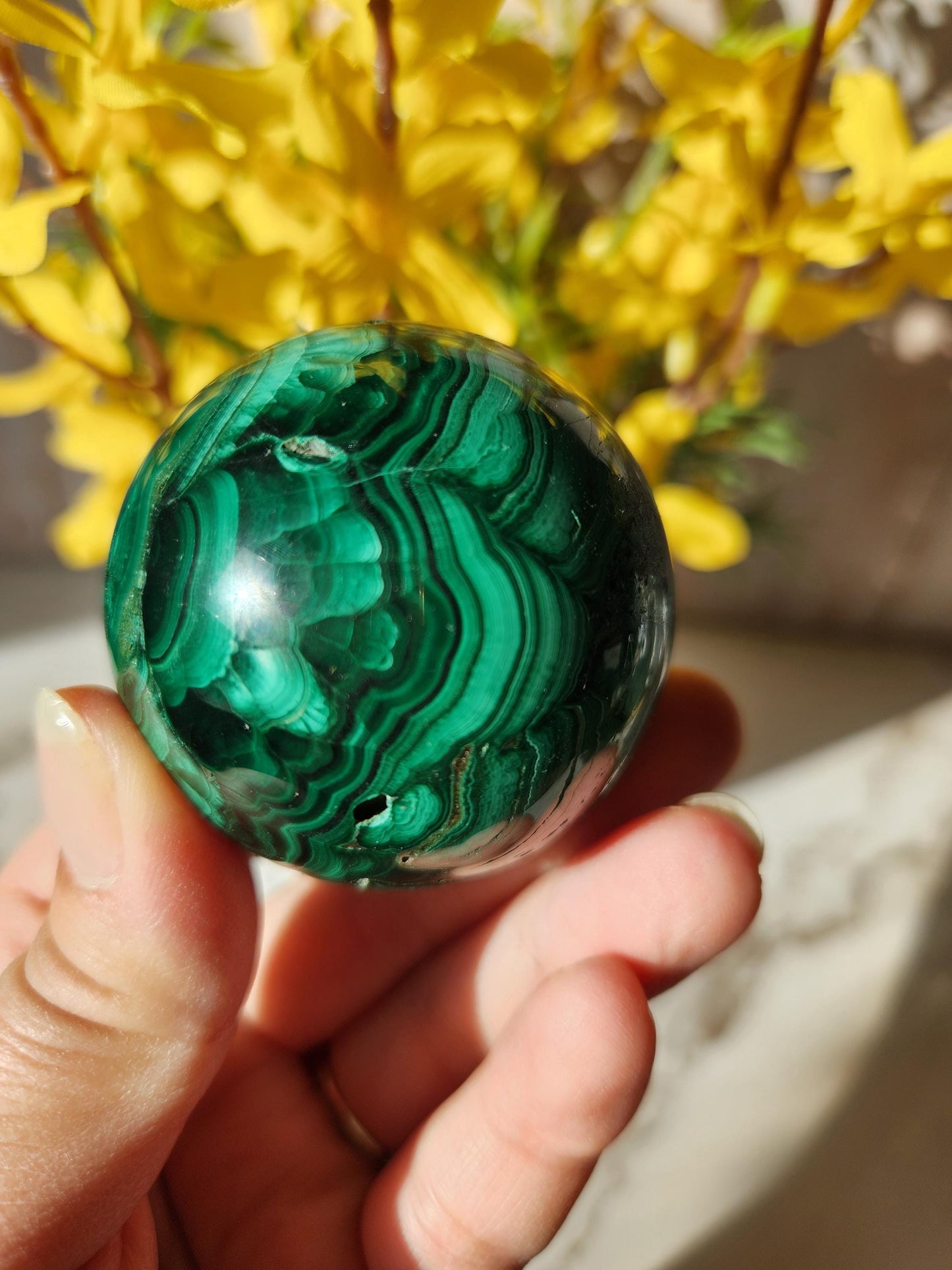Beautiful natural malachite sphere with druzy and stunning orbs and flower patterns, no fillers 49.5mm