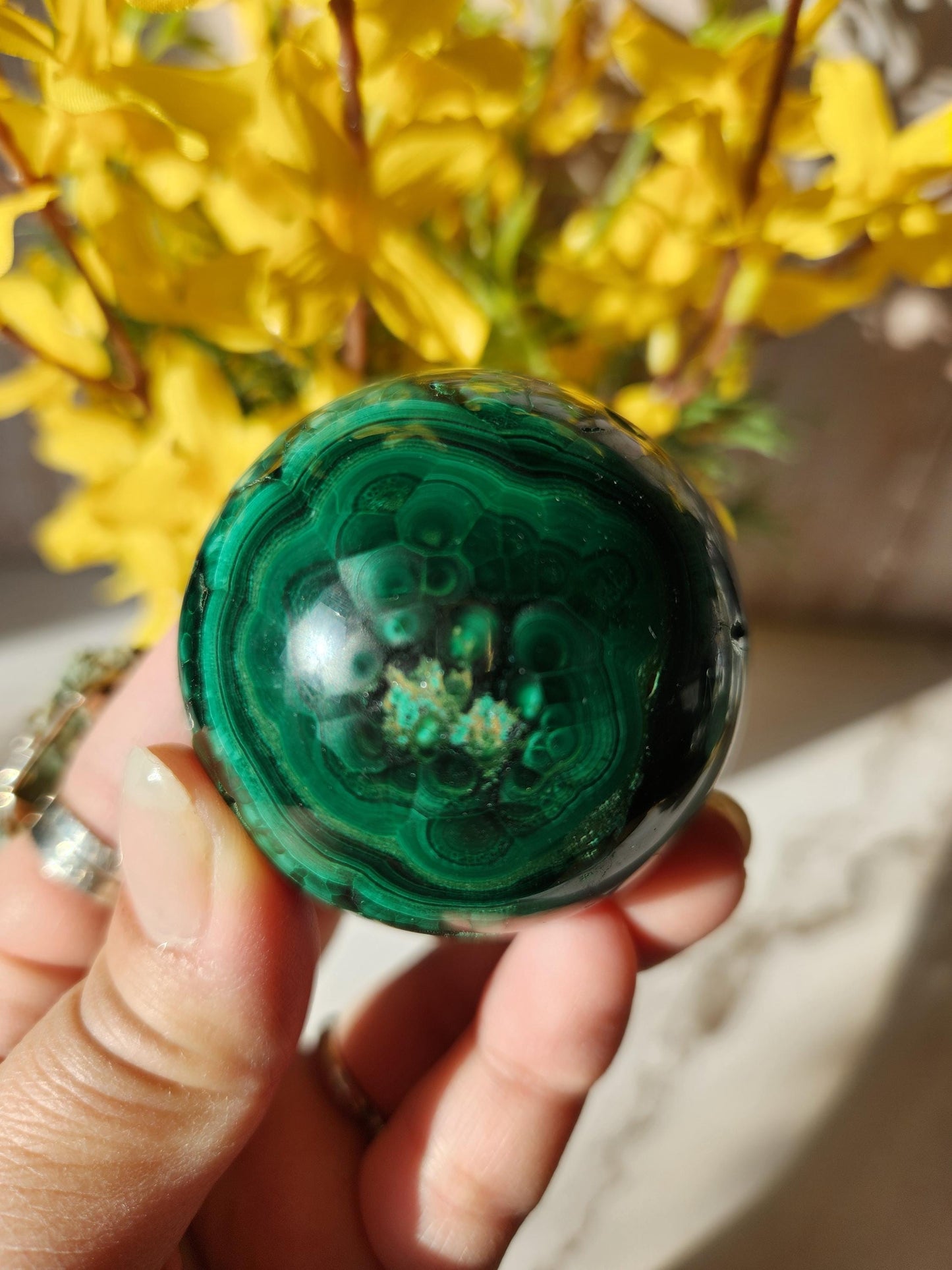 Beautiful natural malachite sphere with druzy and stunning orbs and flower patterns, no fillers 49.5mm