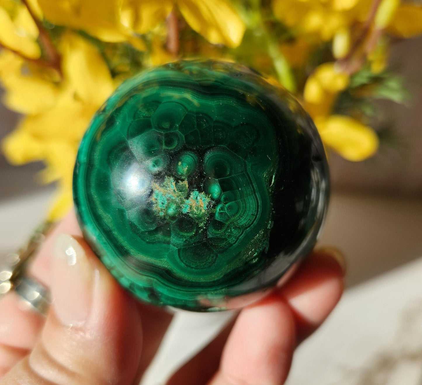 Beautiful natural malachite sphere with druzy and stunning orbs and flower patterns, no fillers 49.5mm