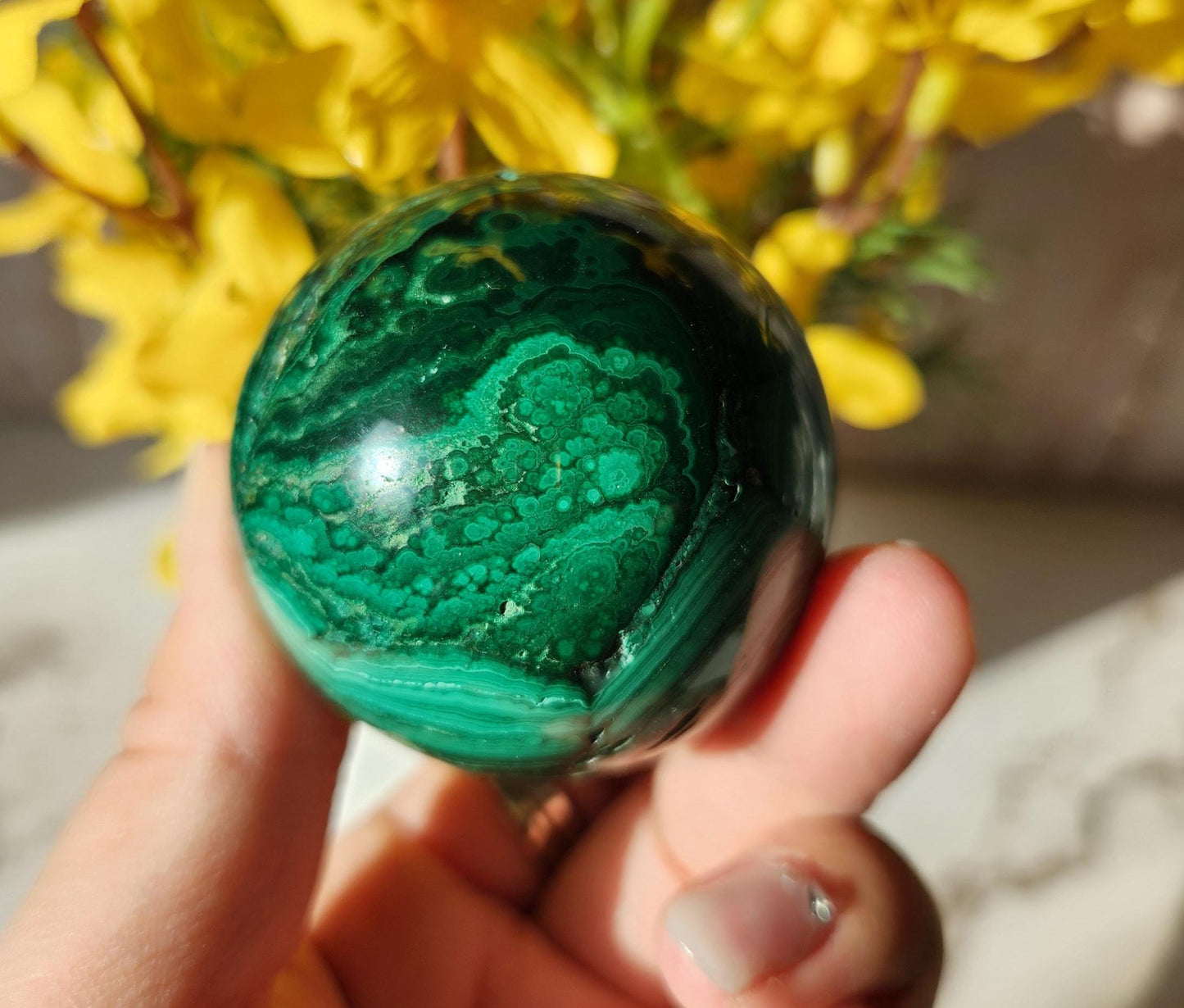 Beautiful natural malachite sphere with druzy and stunning orbs and flower patterns, no fillers 49.5mm