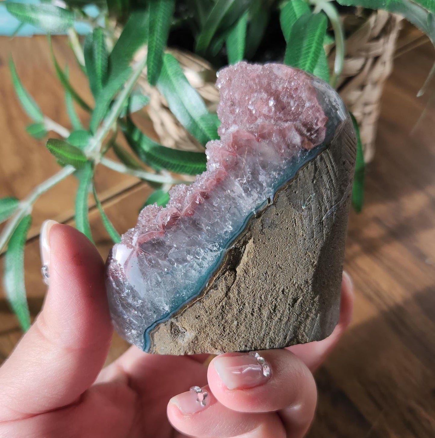 High quality rainbow amethyst, soft red-brown-purple colors, double crystallization, Uruguay amethyst, cutbase, natural color
