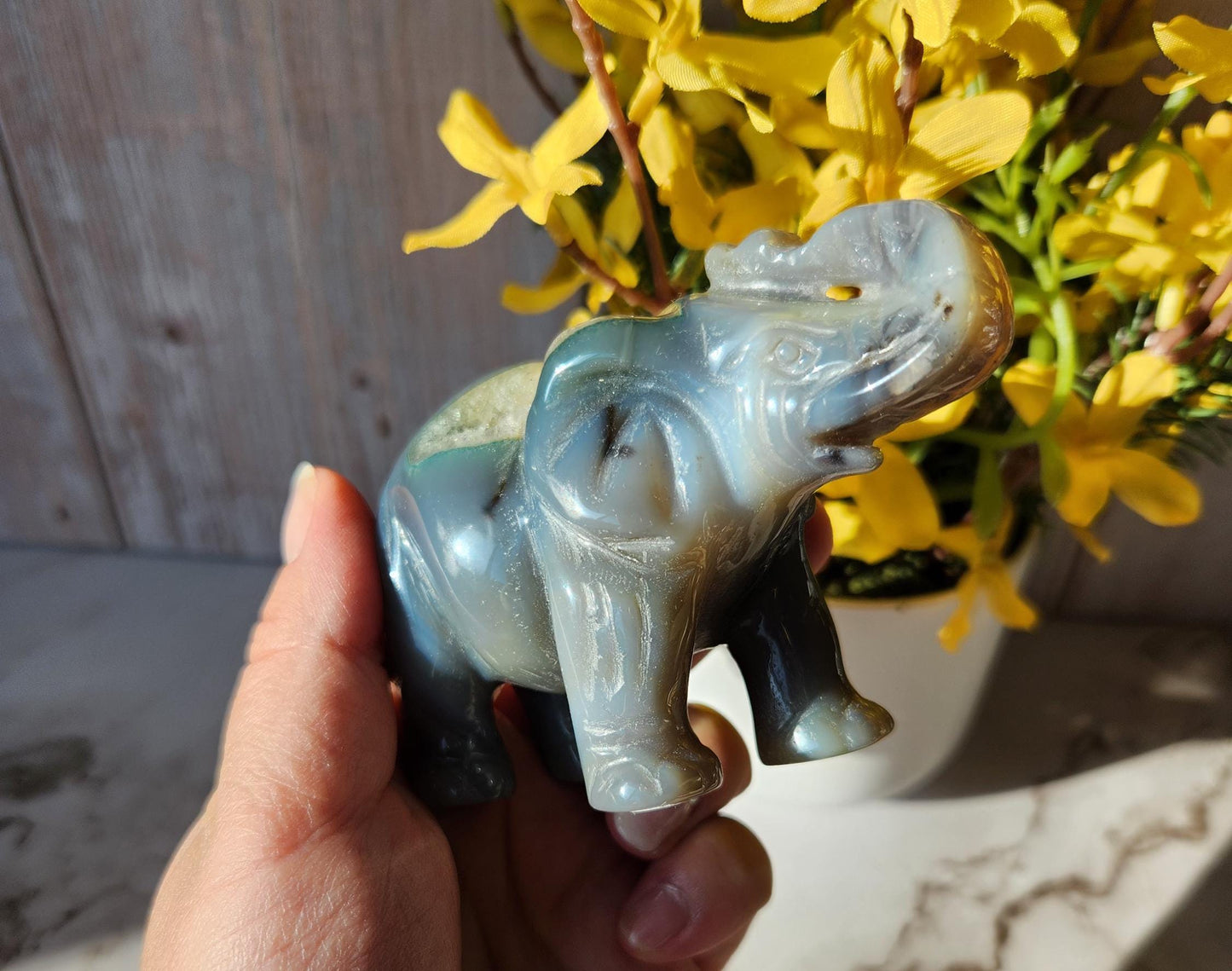 Beautiful hand carved elephant, dark blue gray agate with a sparkly quartz druzy pocket, natural, pretty banding