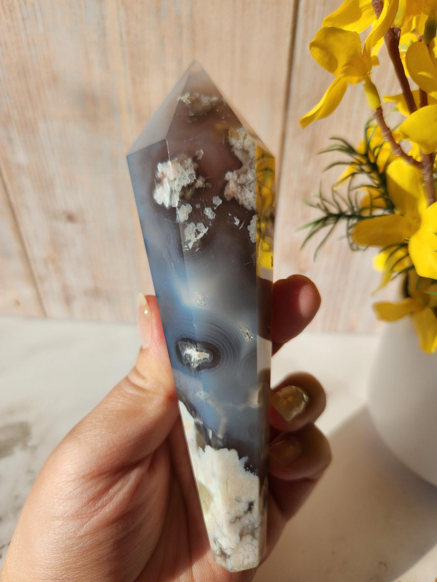 Rare natural black flower agate wand with green flower agate, black chalcedony, small sparkly druzy, from Madagascar, stand included
