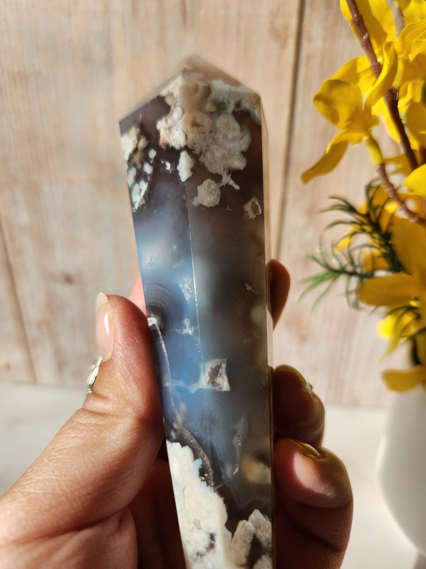 Rare natural black flower agate wand with green flower agate, black chalcedony, small sparkly druzy, from Madagascar, stand included