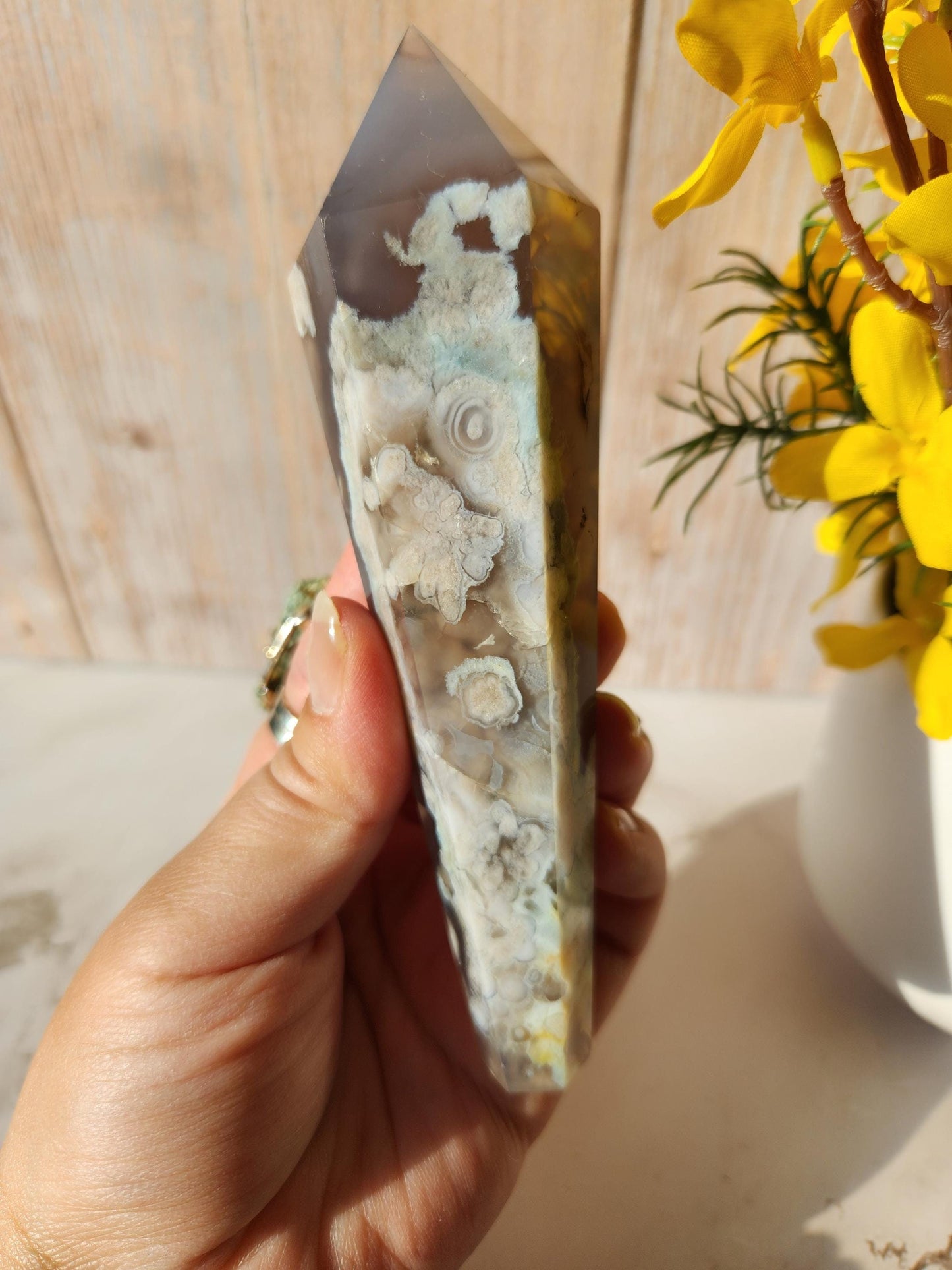 Rare natural black flower agate wand with green flower agate, black chalcedony, small sparkly druzy, from Madagascar, stand included