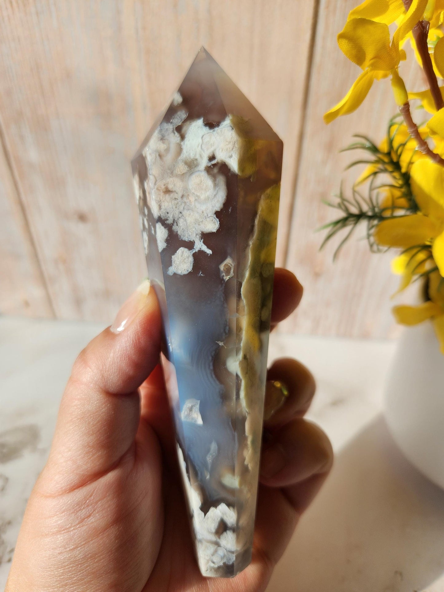 Rare natural black flower agate wand with green flower agate, black chalcedony, small sparkly druzy, from Madagascar, stand included