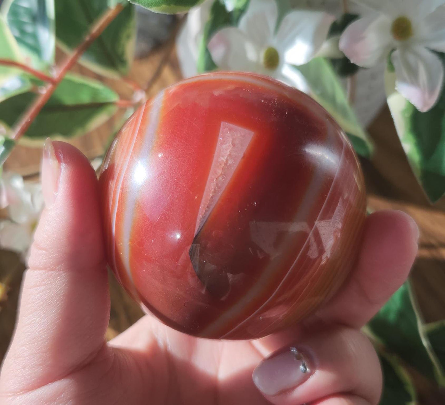 Amazing natural carnelian/sardonyx sphere with beautiful banding, has a druzy 67.2mm