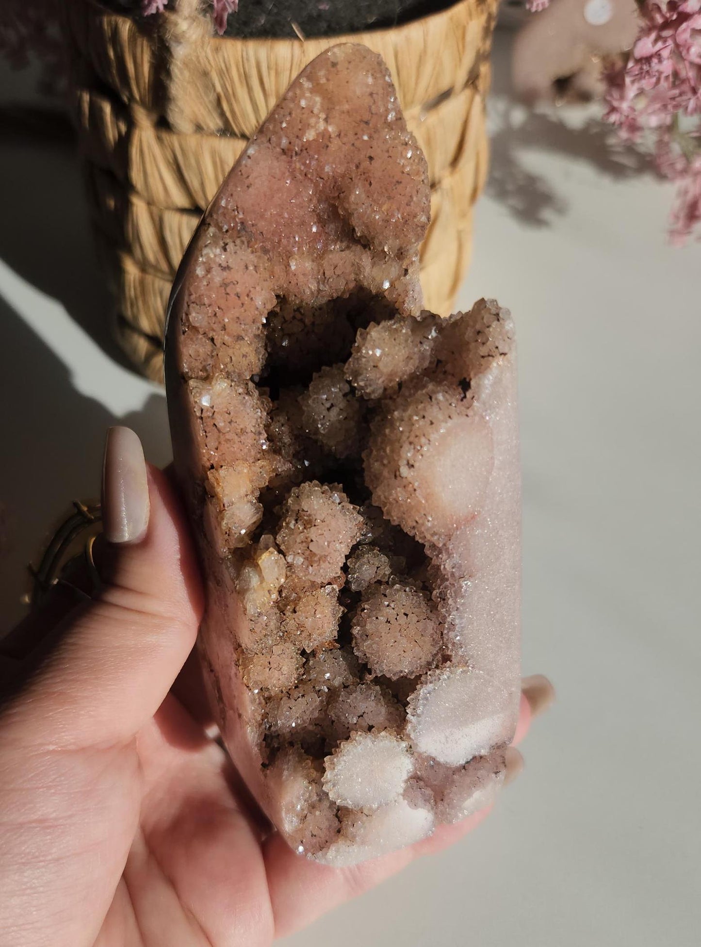 Beautiful large pink amethyst freefrom with sparkly bubble druzy from Brazil, bubble formations