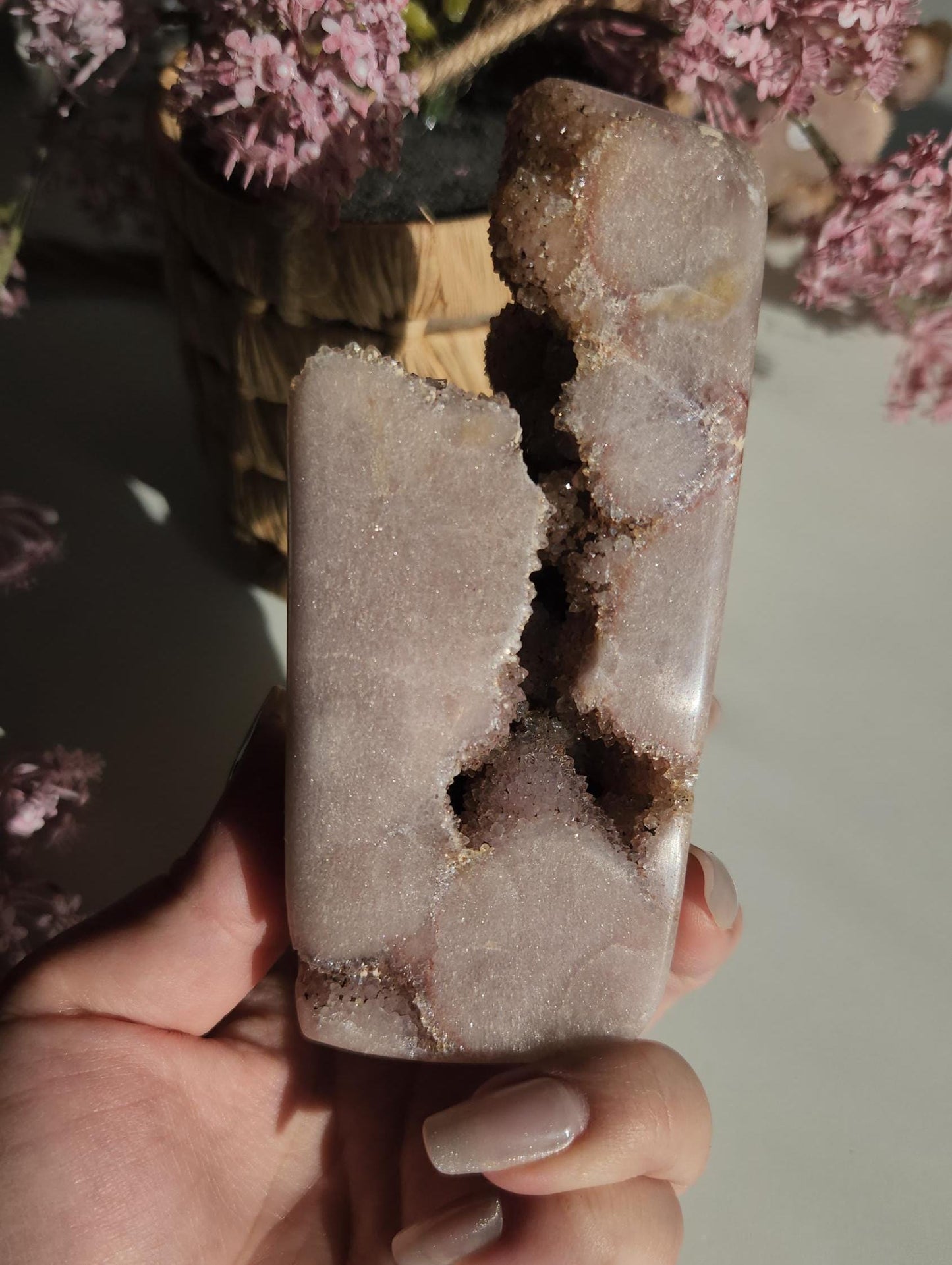 Beautiful large pink amethyst freefrom with sparkly bubble druzy from Brazil, bubble formations