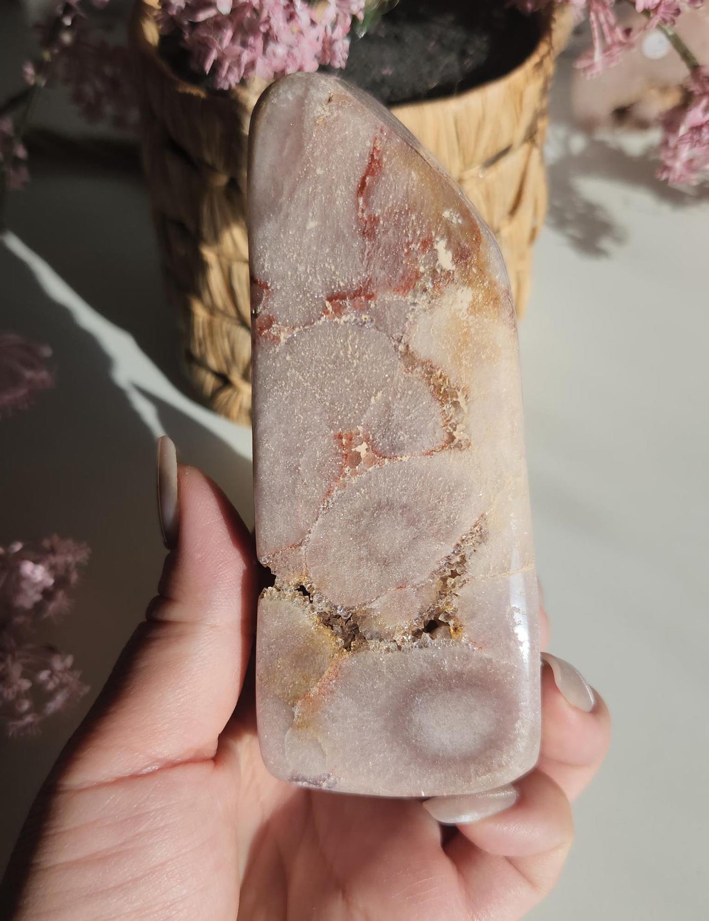 Beautiful large pink amethyst freefrom with sparkly bubble druzy from Brazil, bubble formations
