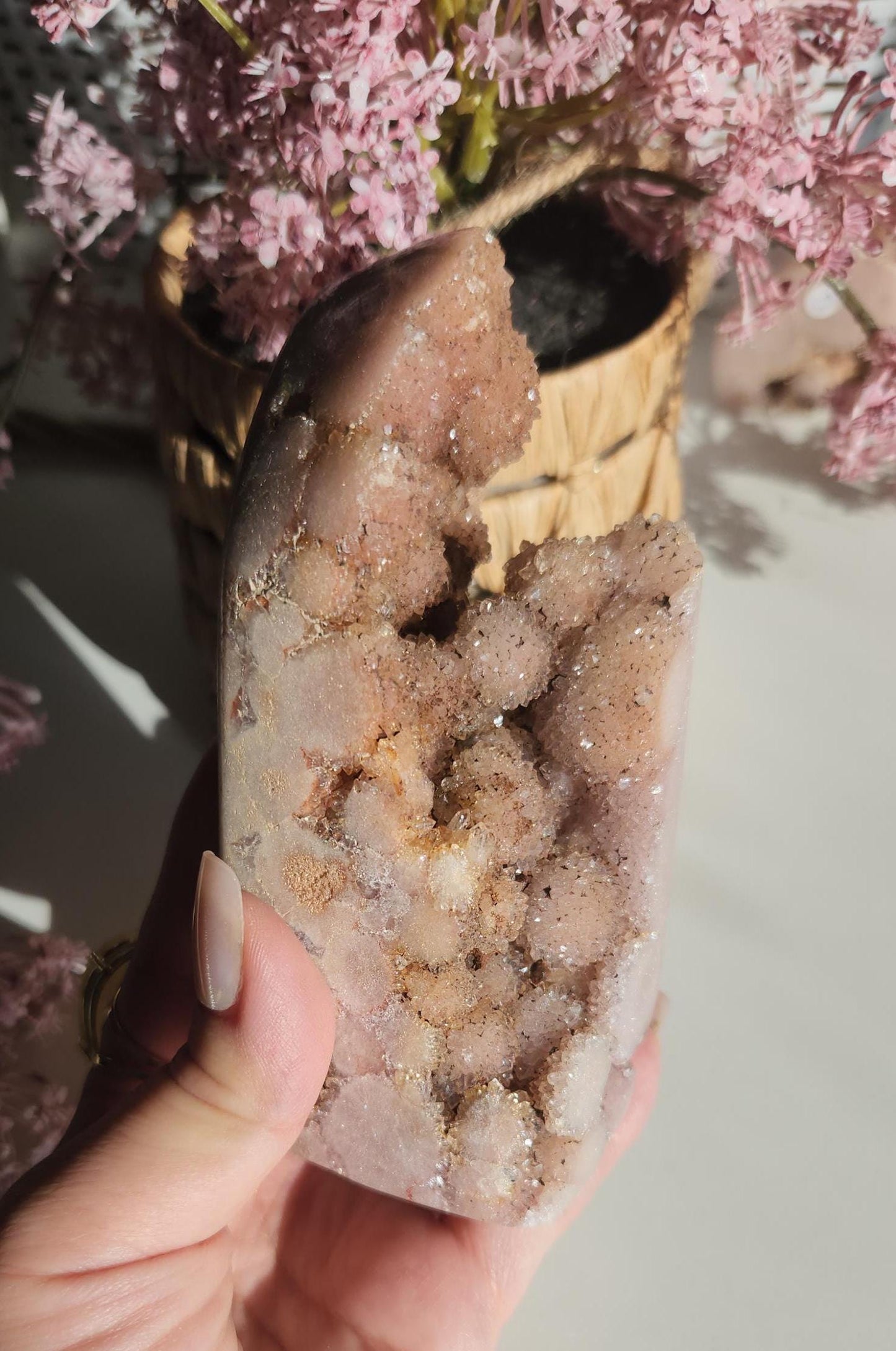 Pink amethyst free form with sparkly bubble druzy