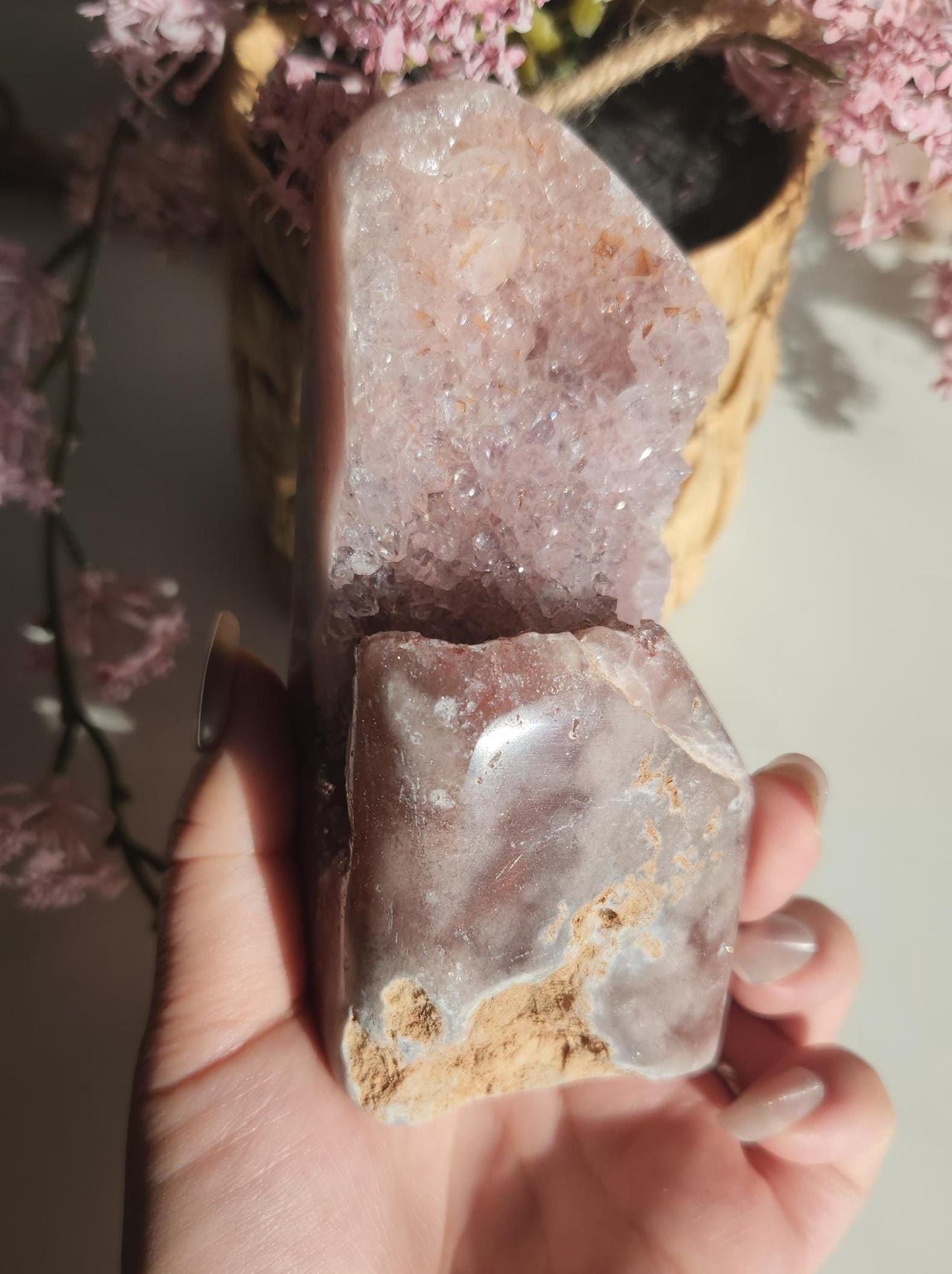 High quality large pink amethyst freefrom with sparkly druzy from Brazil
