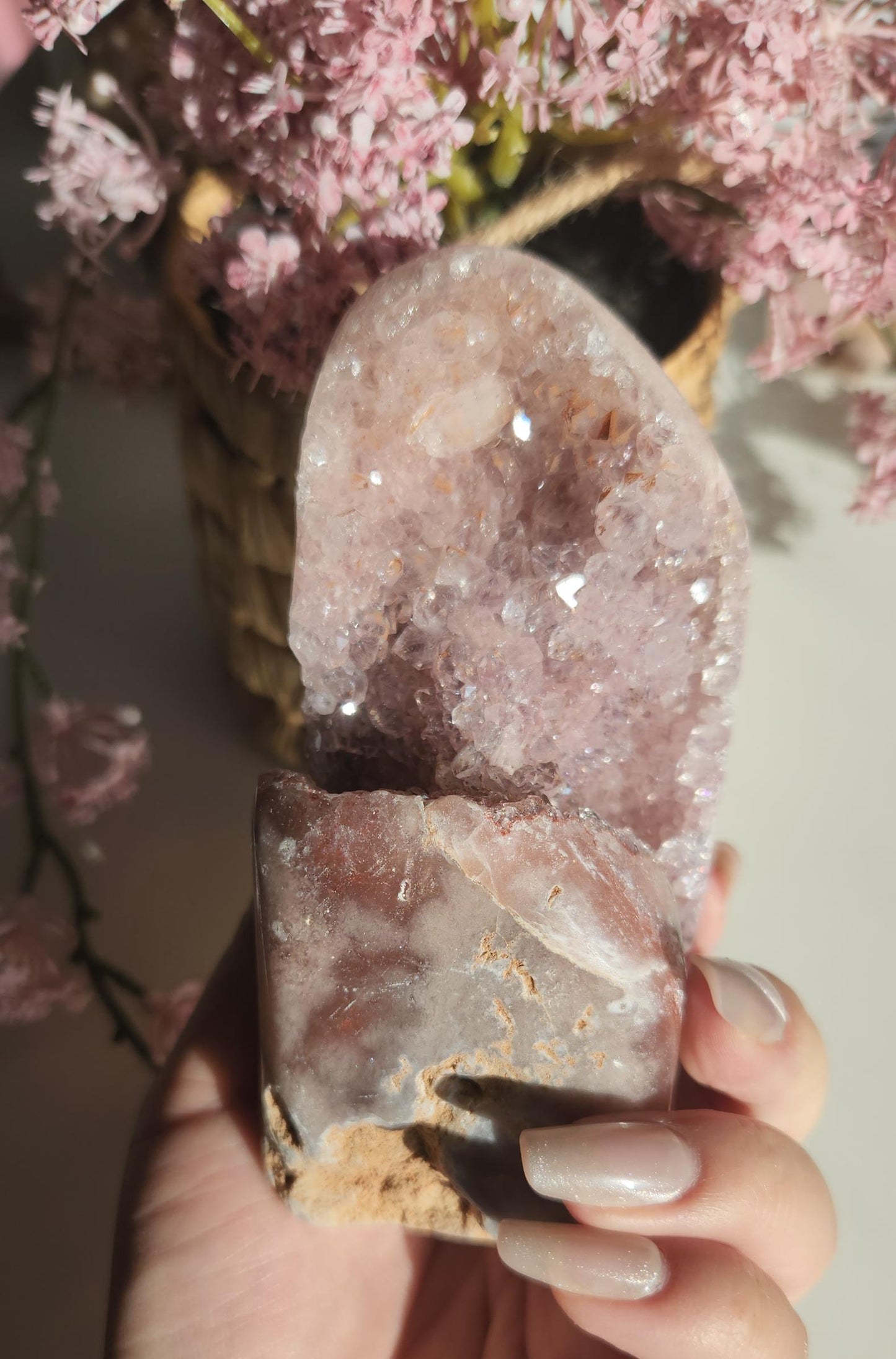 High quality large pink amethyst freefrom with sparkly druzy from Brazil