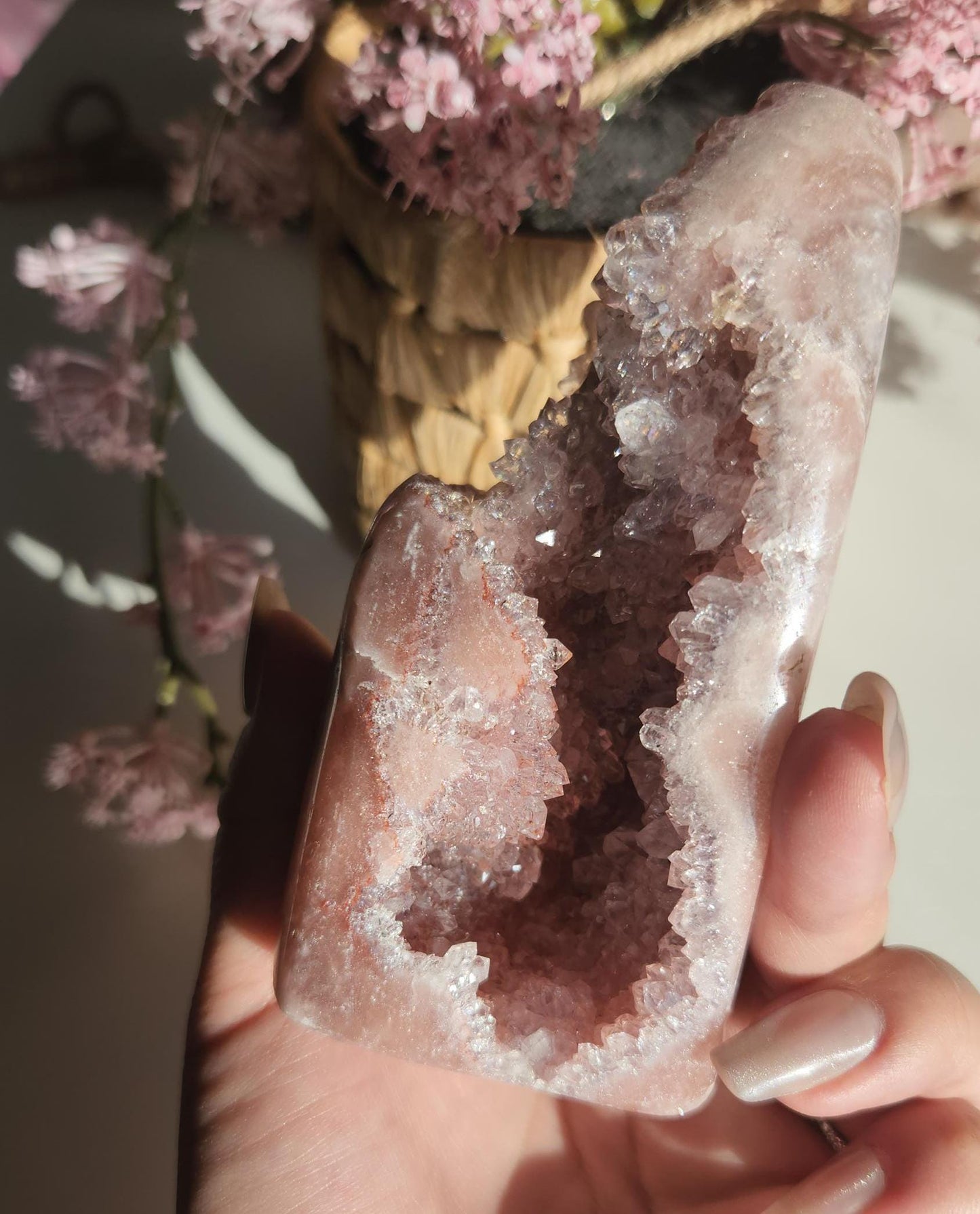 High quality large pink amethyst freefrom with sparkly druzy from Brazil