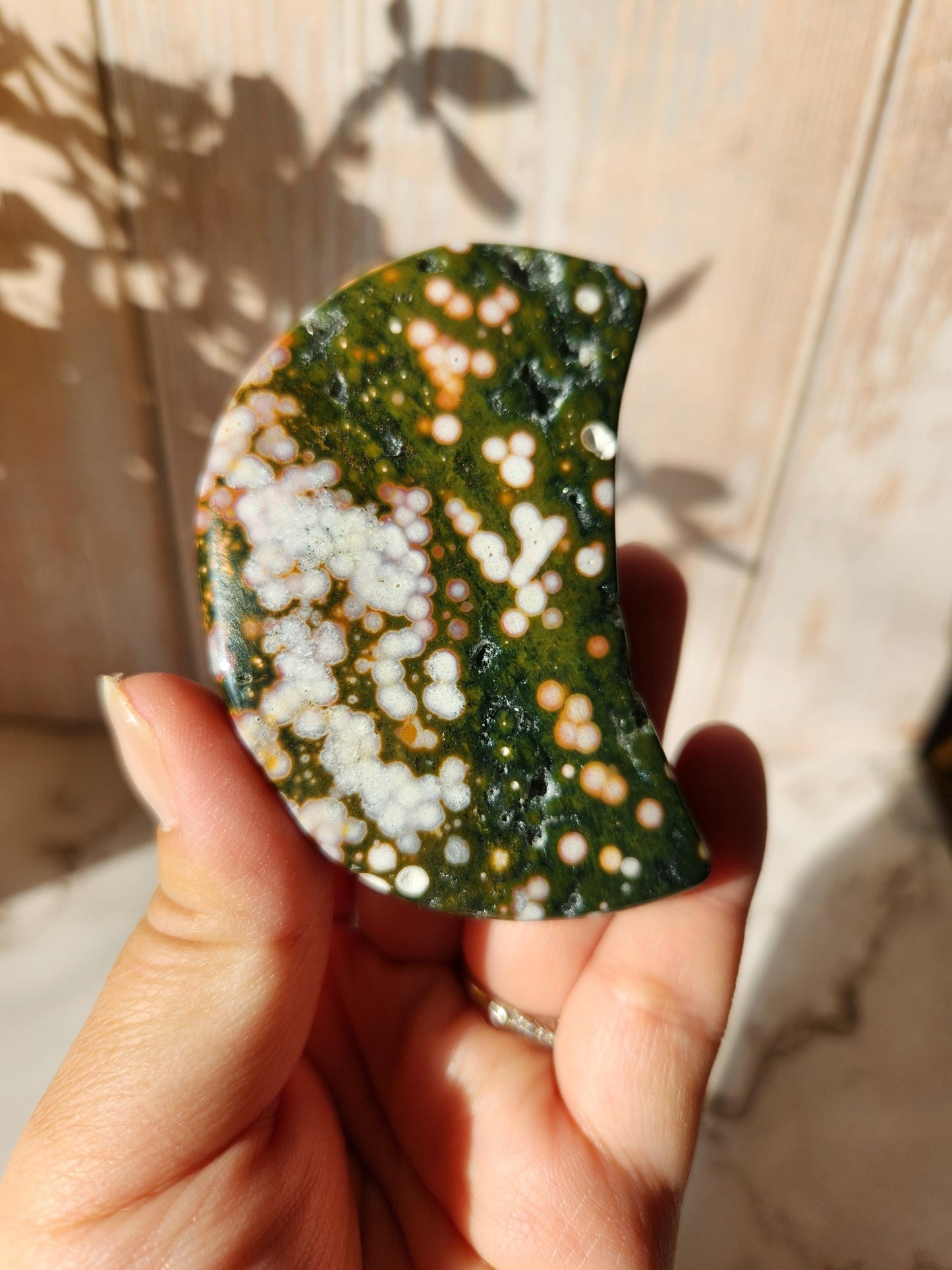 Pretty ocean jasper moon with sparkly druzy and beautiful colors