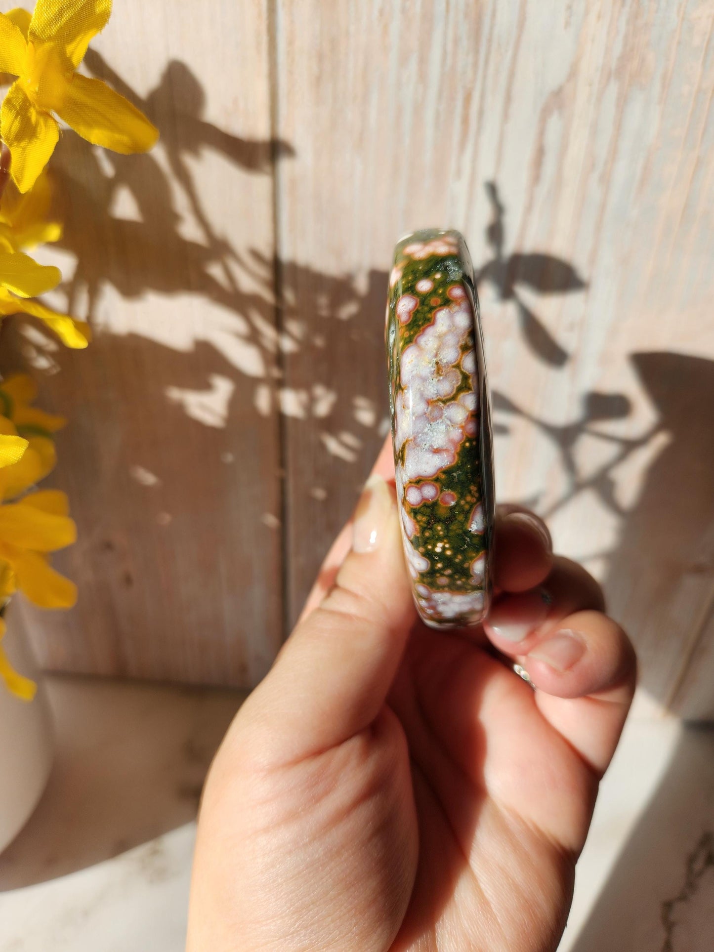 Pretty ocean jasper moon with sparkly druzy and beautiful colors