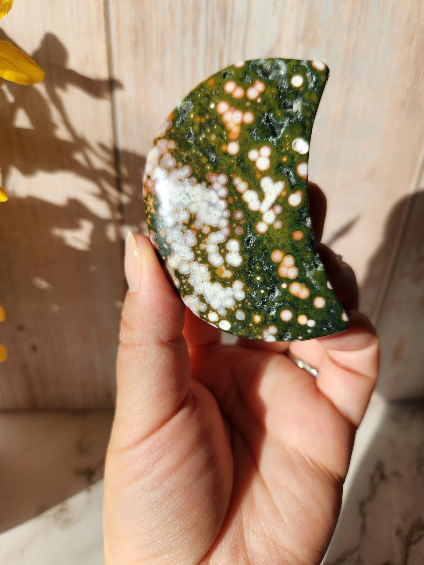 Pretty ocean jasper moon with sparkly druzy and beautiful colors