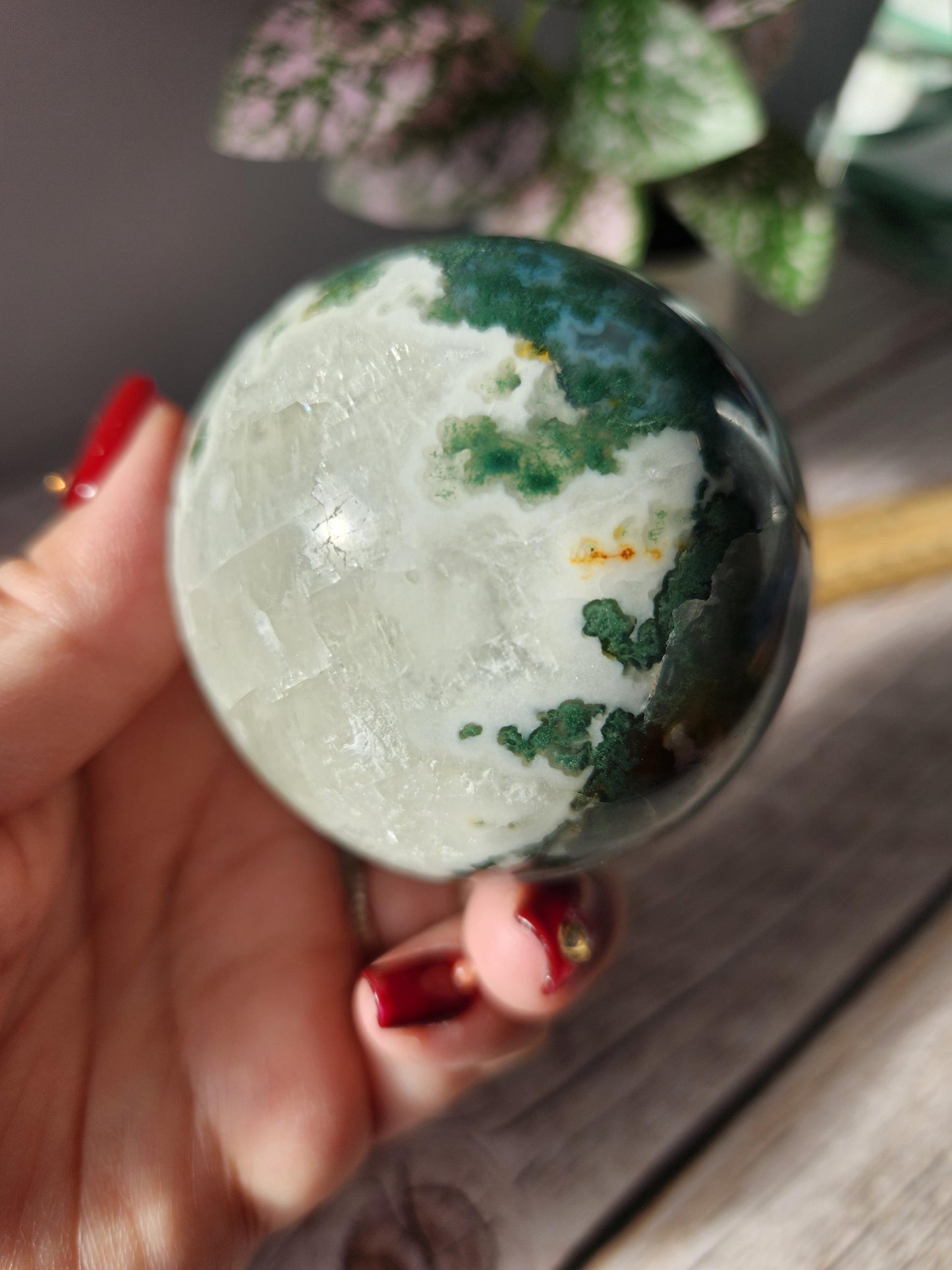 Rare natural moss agate sphere with calcite and beautiful rainbows on the calcite, 62.3mm C1
