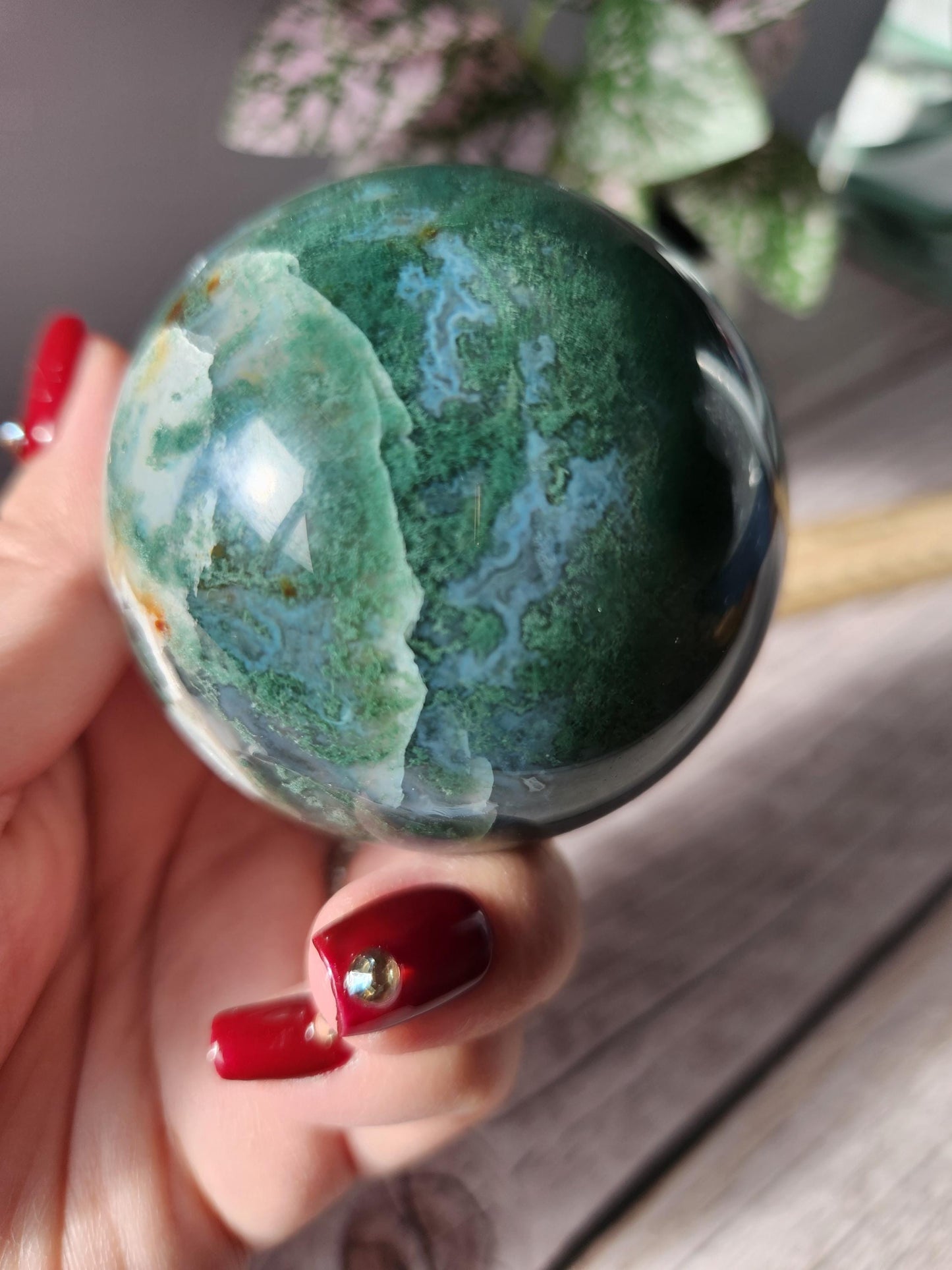 Rare natural moss agate sphere with calcite and beautiful rainbows on the calcite, 62.3mm C1