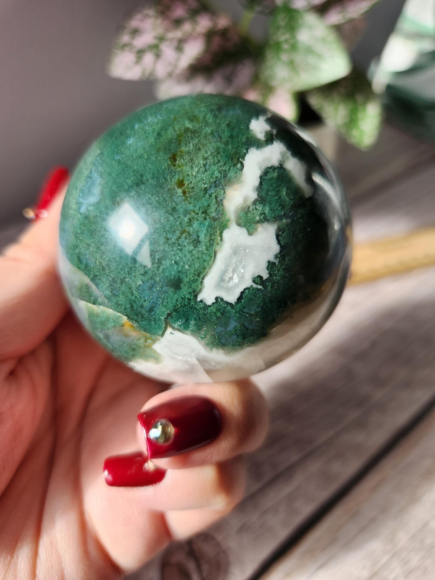Rare natural moss agate sphere with calcite and beautiful rainbows on the calcite, 62.3mm C1