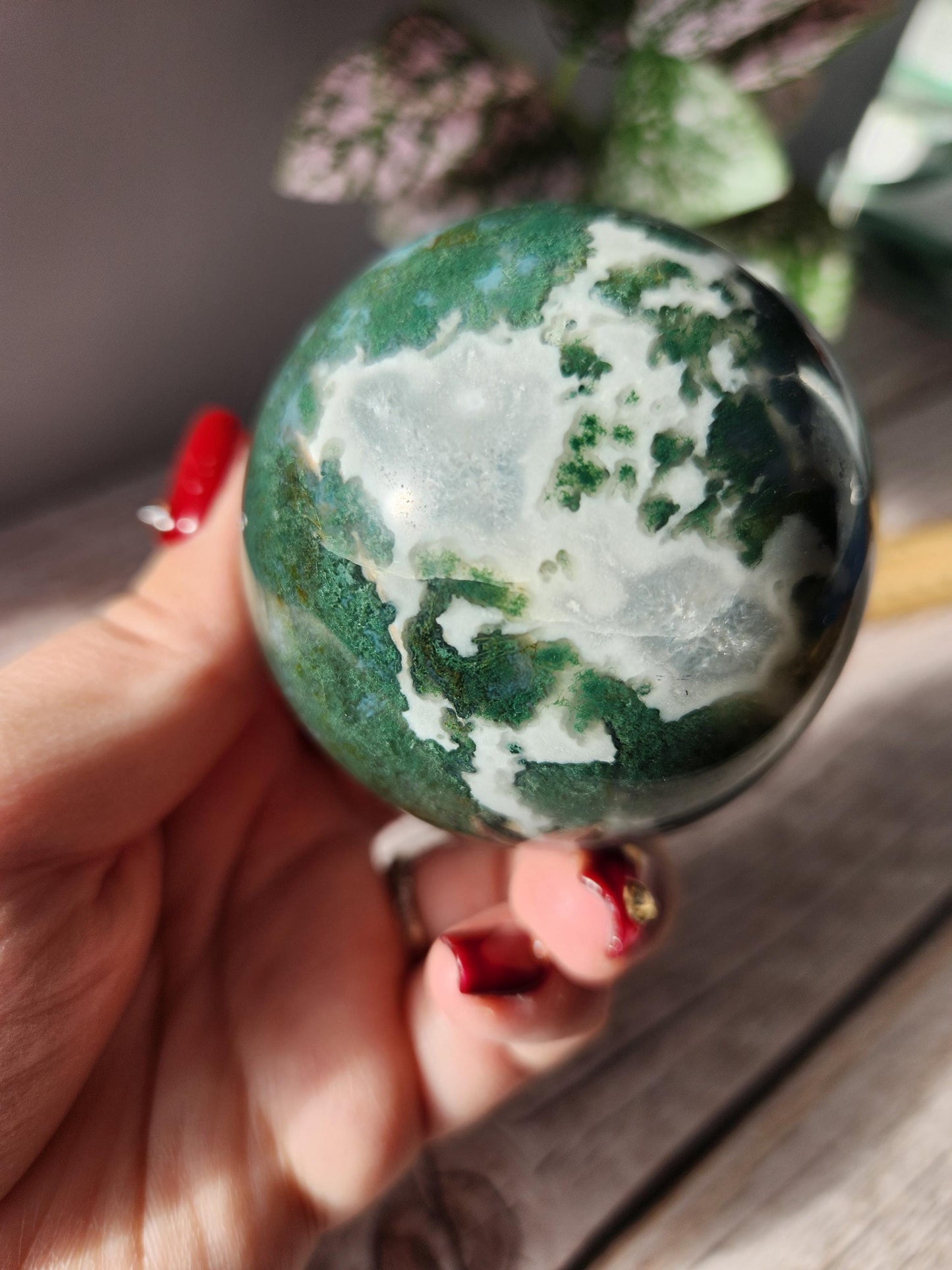 Rare natural moss agate sphere with calcite and beautiful rainbows on the calcite, 62.3mm C1