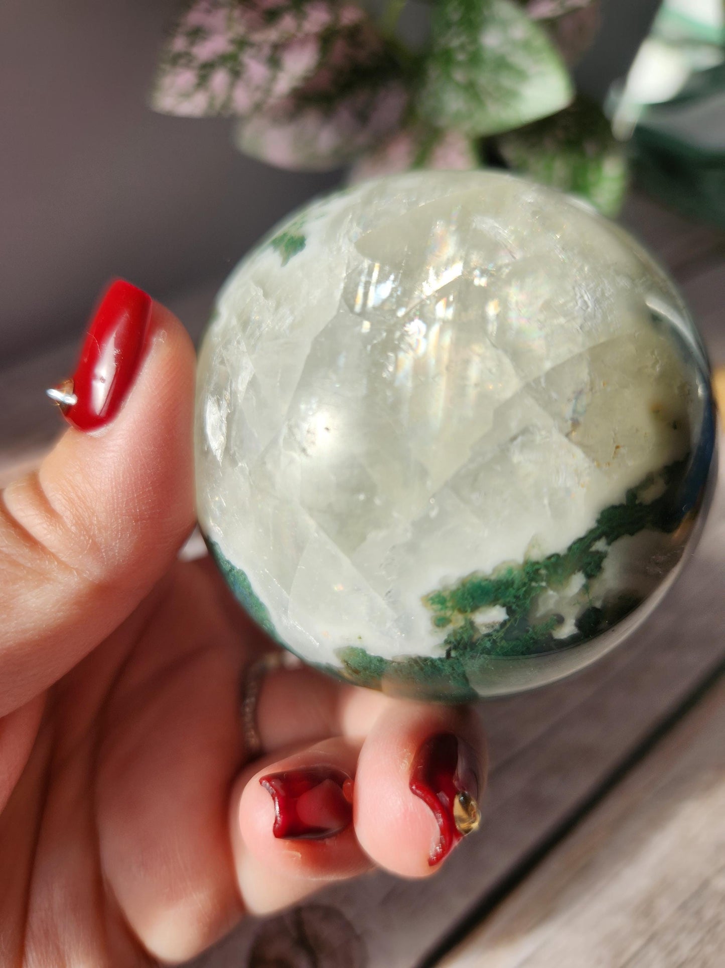 Rare natural moss agate sphere with calcite and beautiful rainbows on the calcite, 62.3mm C1